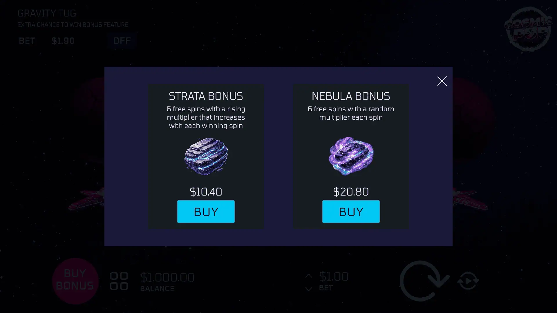 Cosmic Pop bonus buy menu
