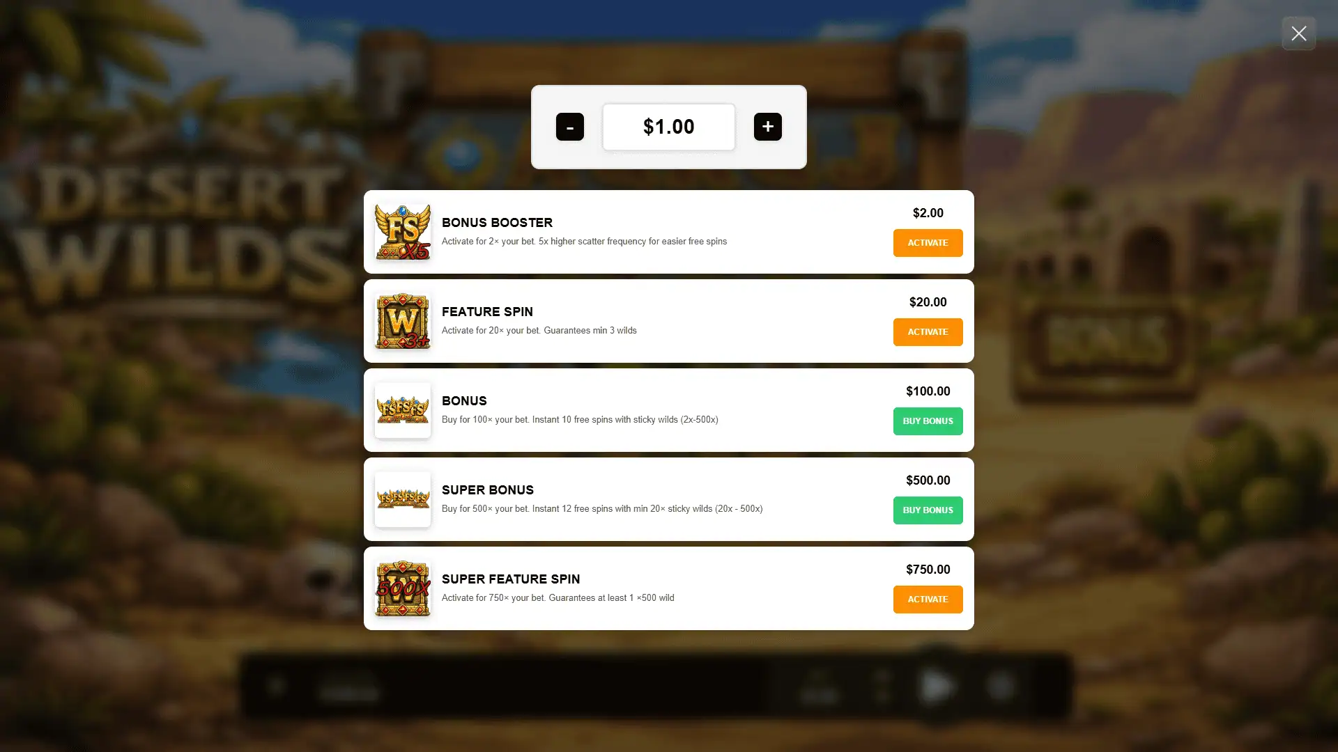 Desert Wilds bonus buy menu