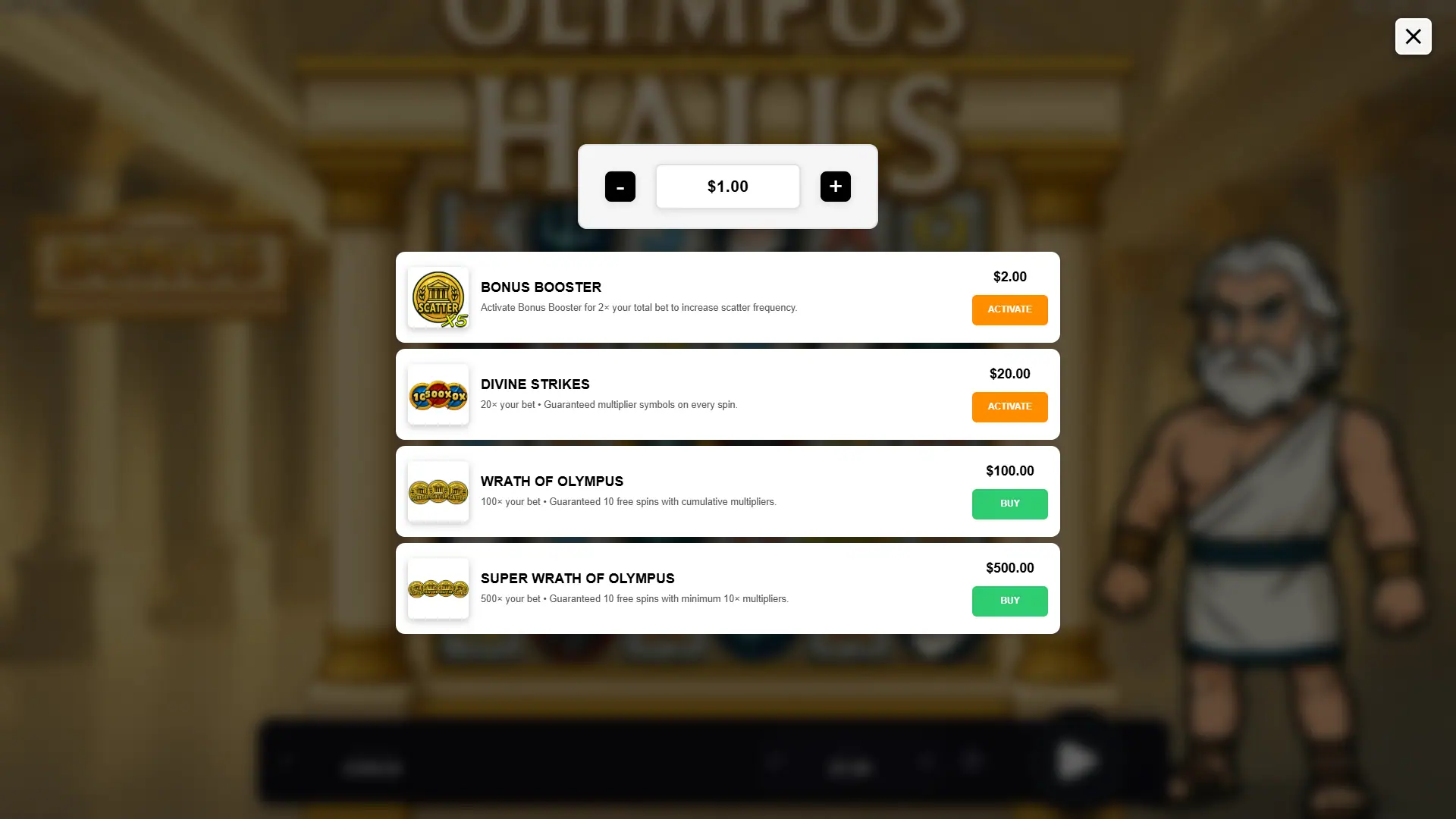 Olympus Halls bonus buy menu