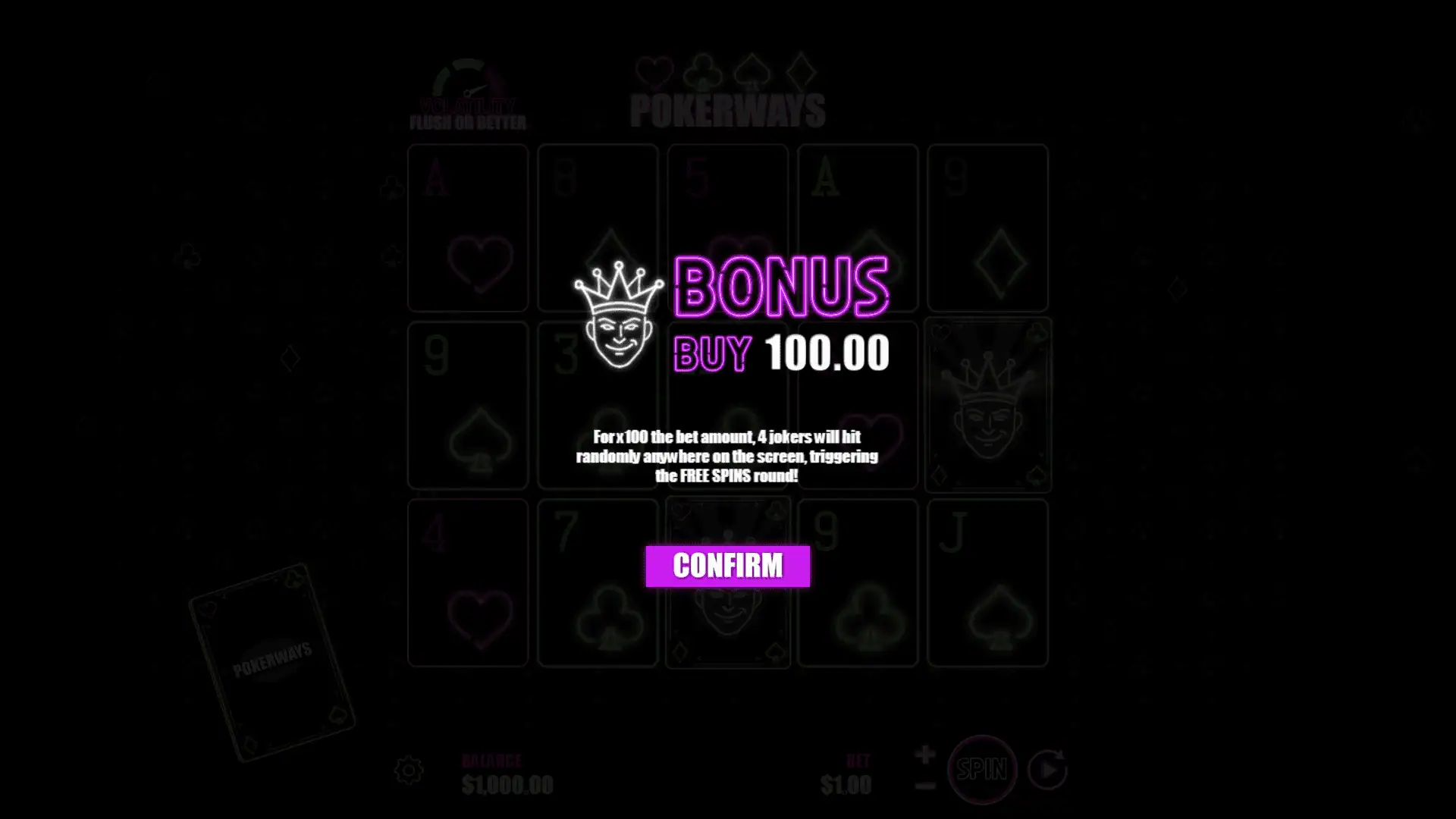 Neon Jokers Pokerways bonus buy menu