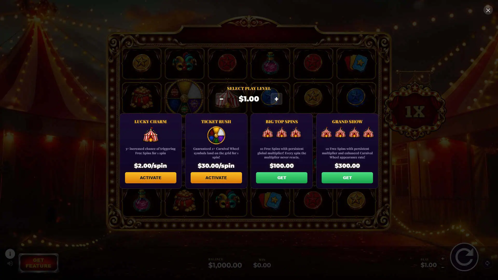 Carnival Wheel bonus buy menu