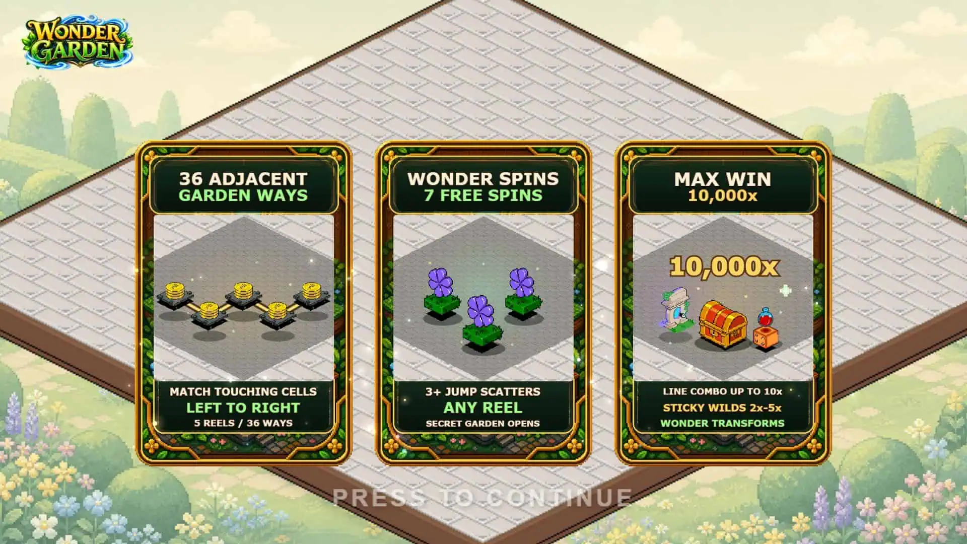 Wonder Garden slot intro screen