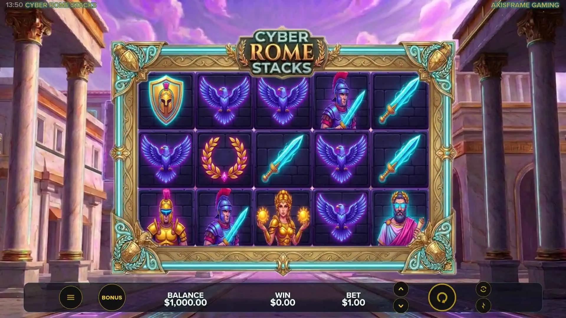 Cyber Rome Stacks slot gameplay reels