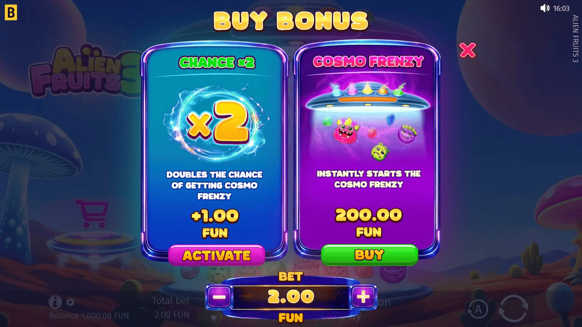 Alien Fruits 3 bonus buy menu