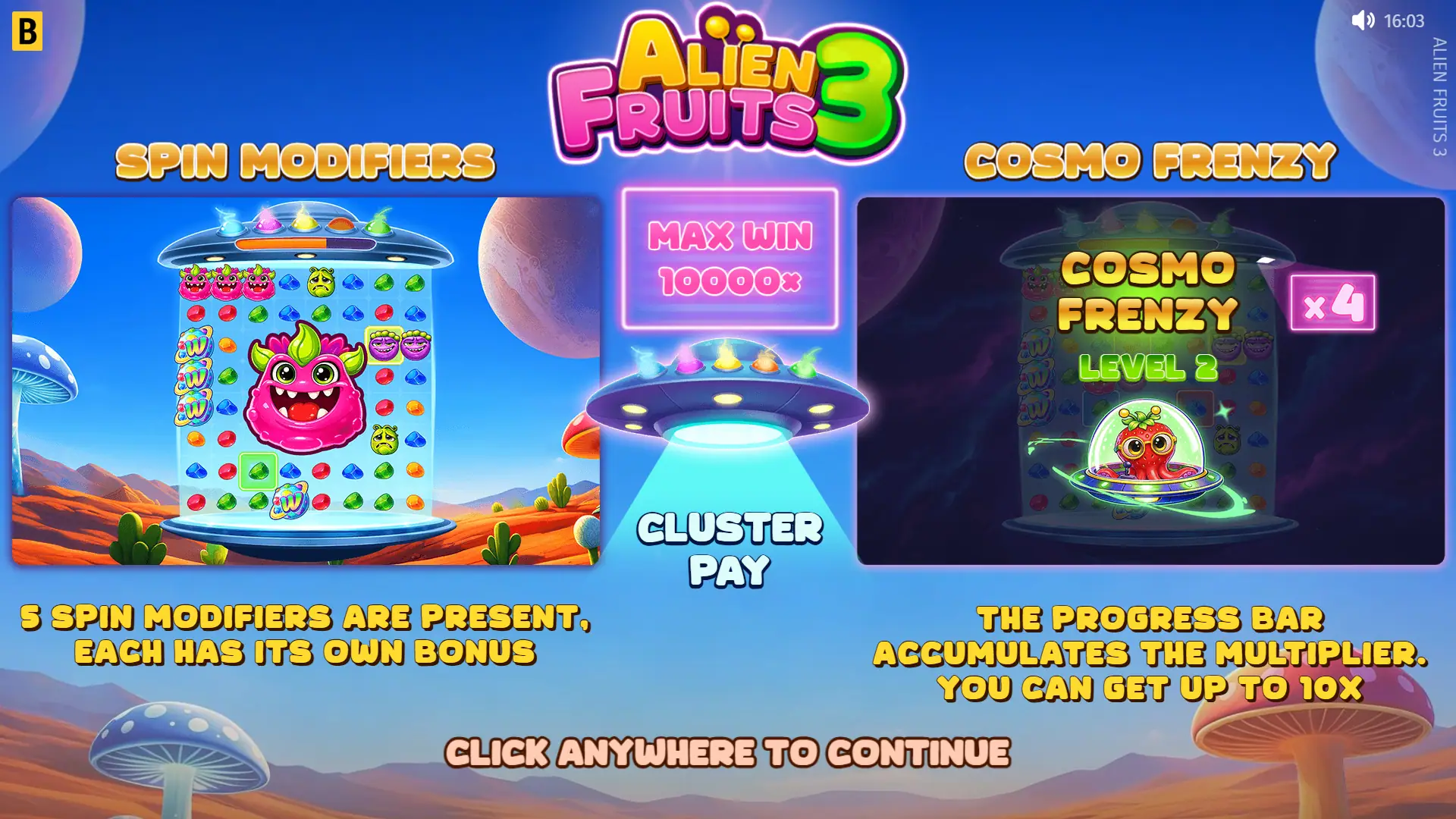 Alien Fruits 3 slot intro screen