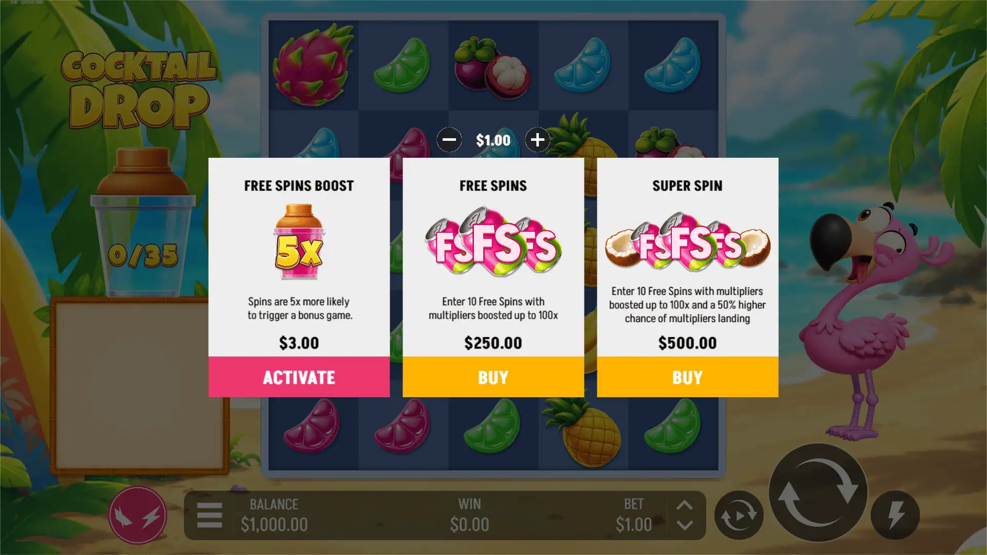 Cocktail Drop bonus buy menu