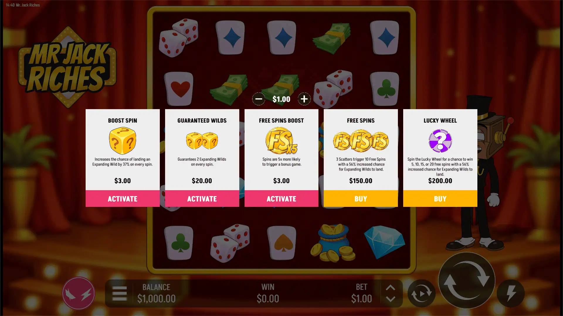 Mr Jack Riches bonus buy menu