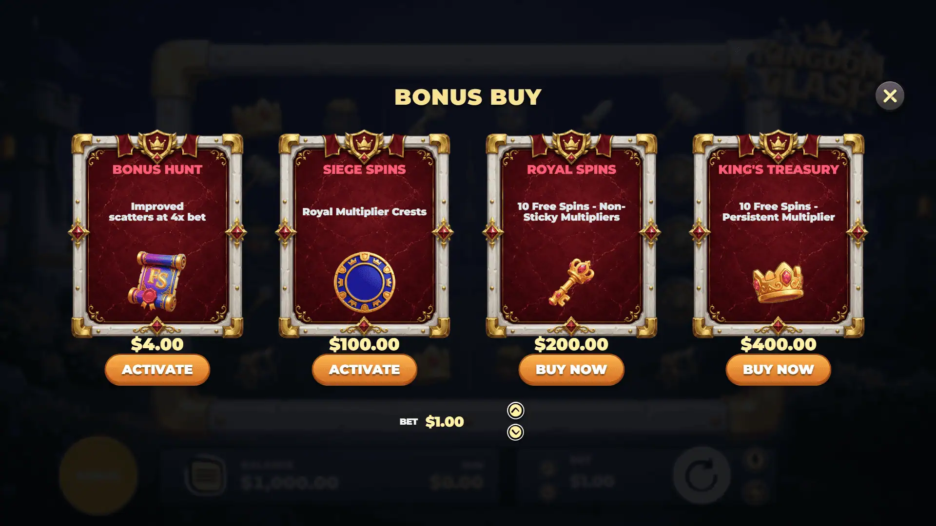 Kingdom Clash bonus buy menu