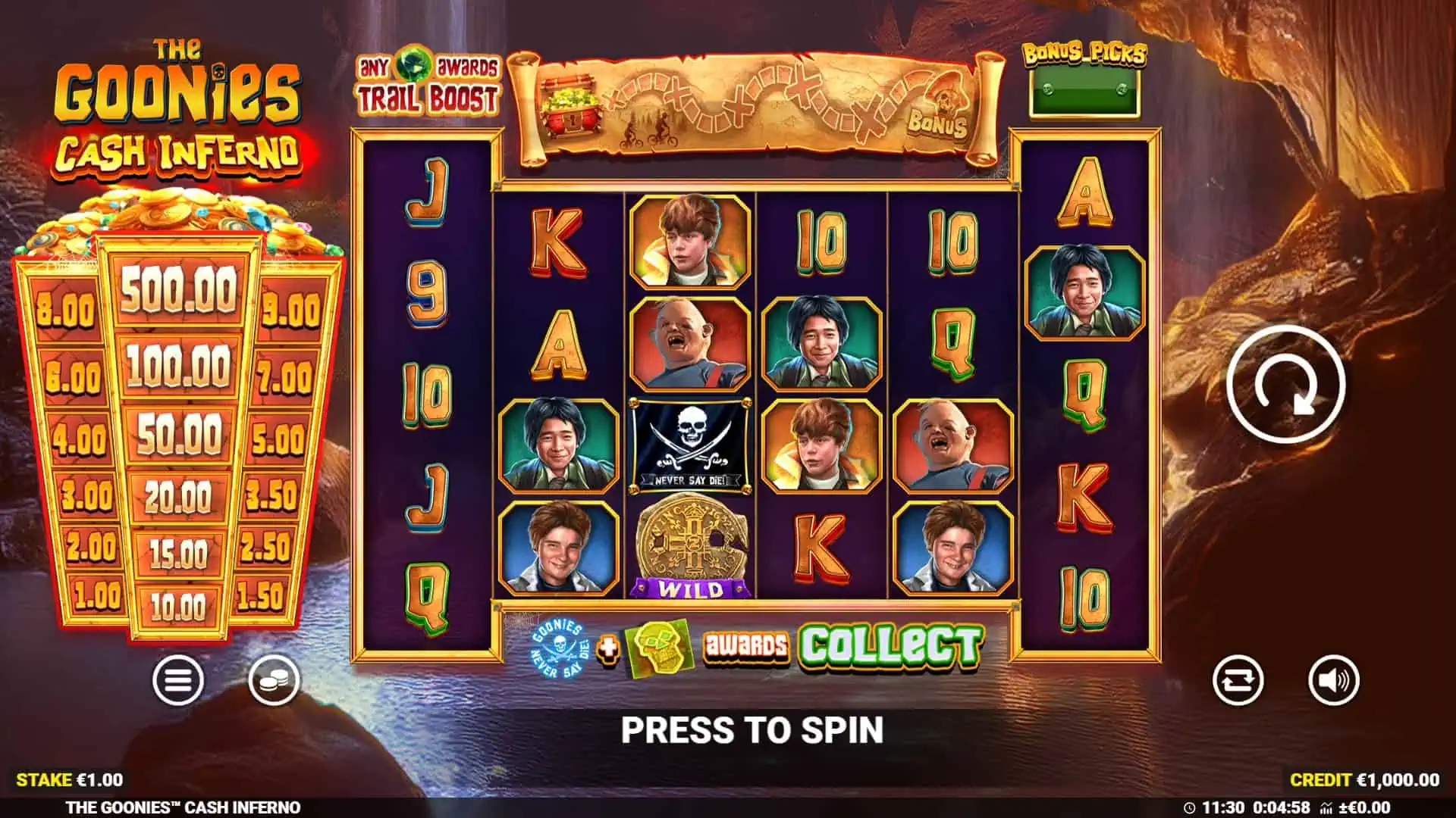 The Goonies Cash Inferno slot gameplay reels
