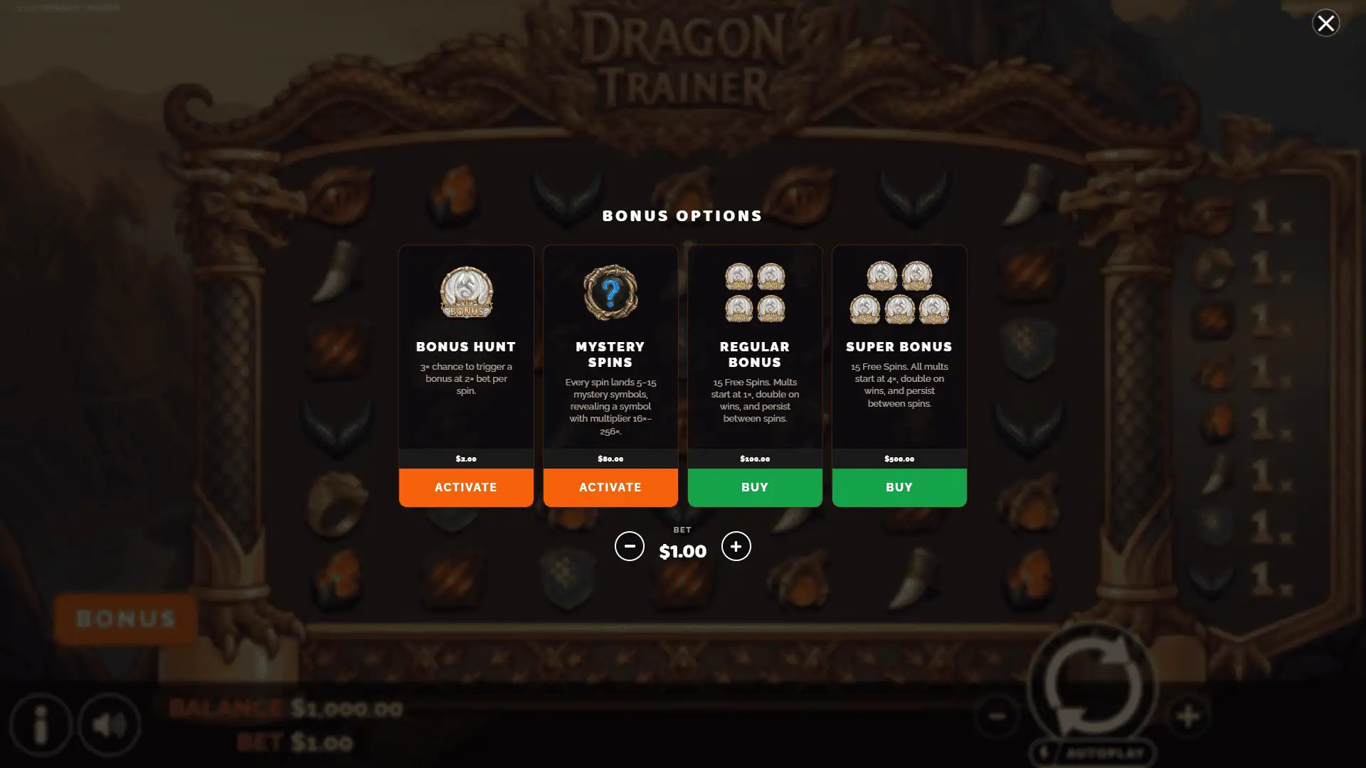 Dragon Trainer bonus buy menu