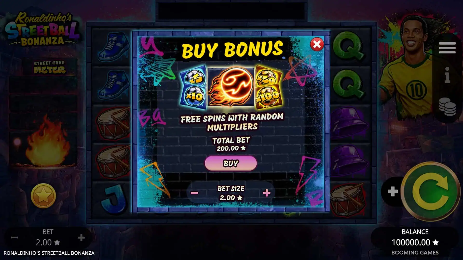 Ronaldinho&rsquo;s Streetball Bonanza bonus buy menu