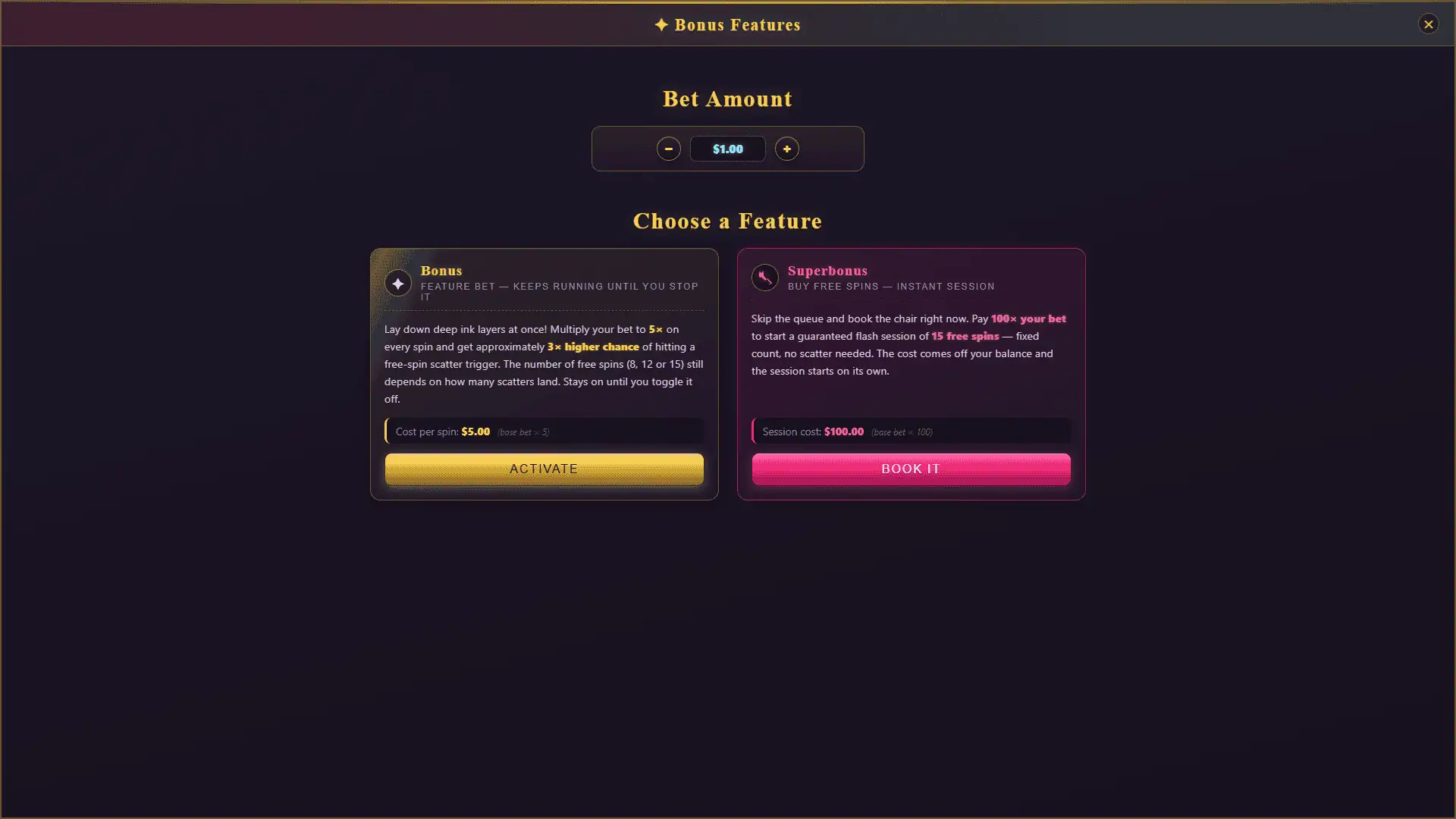 Ink Club bonus buy menu