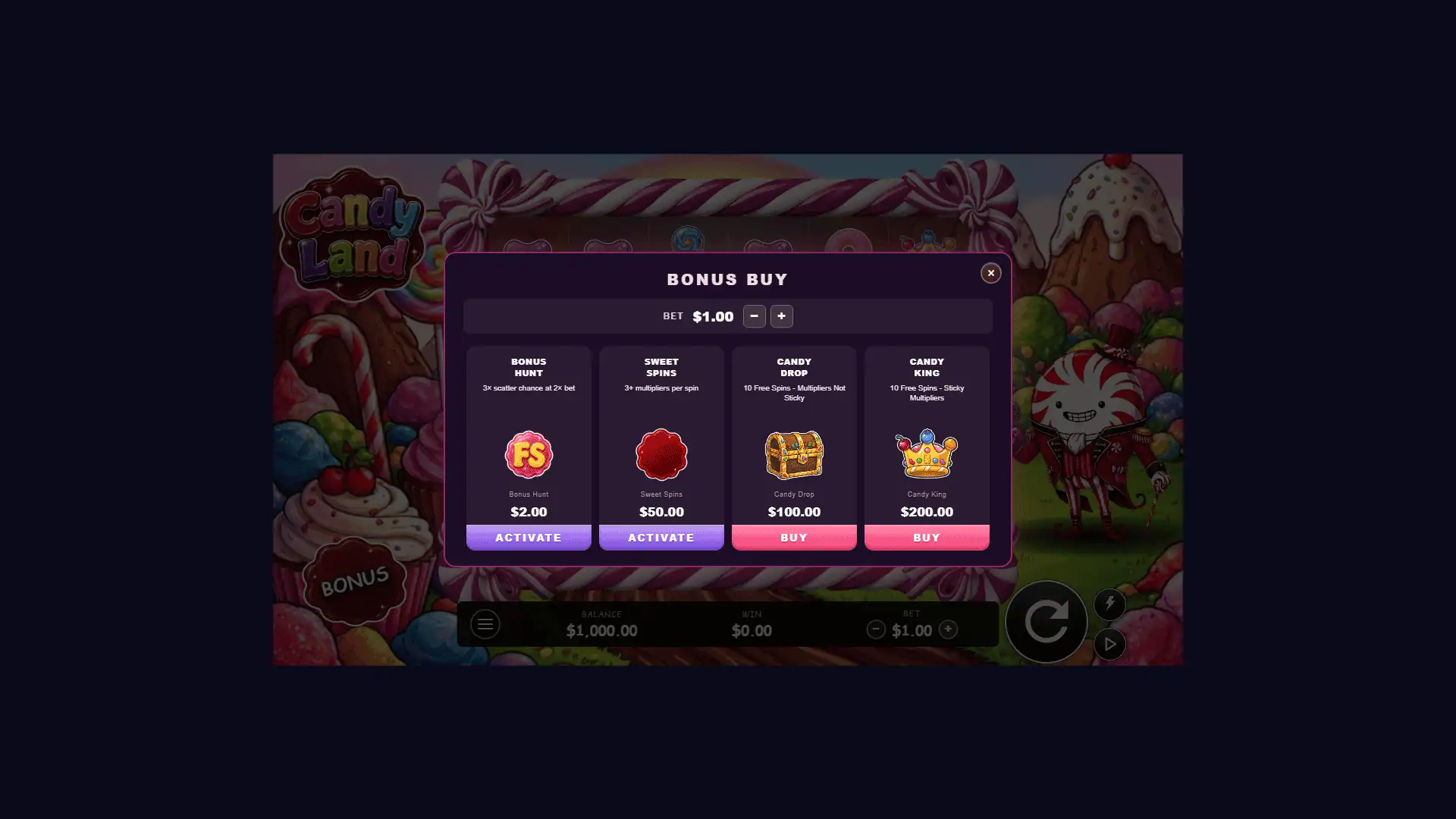 Candy Land bonus buy menu