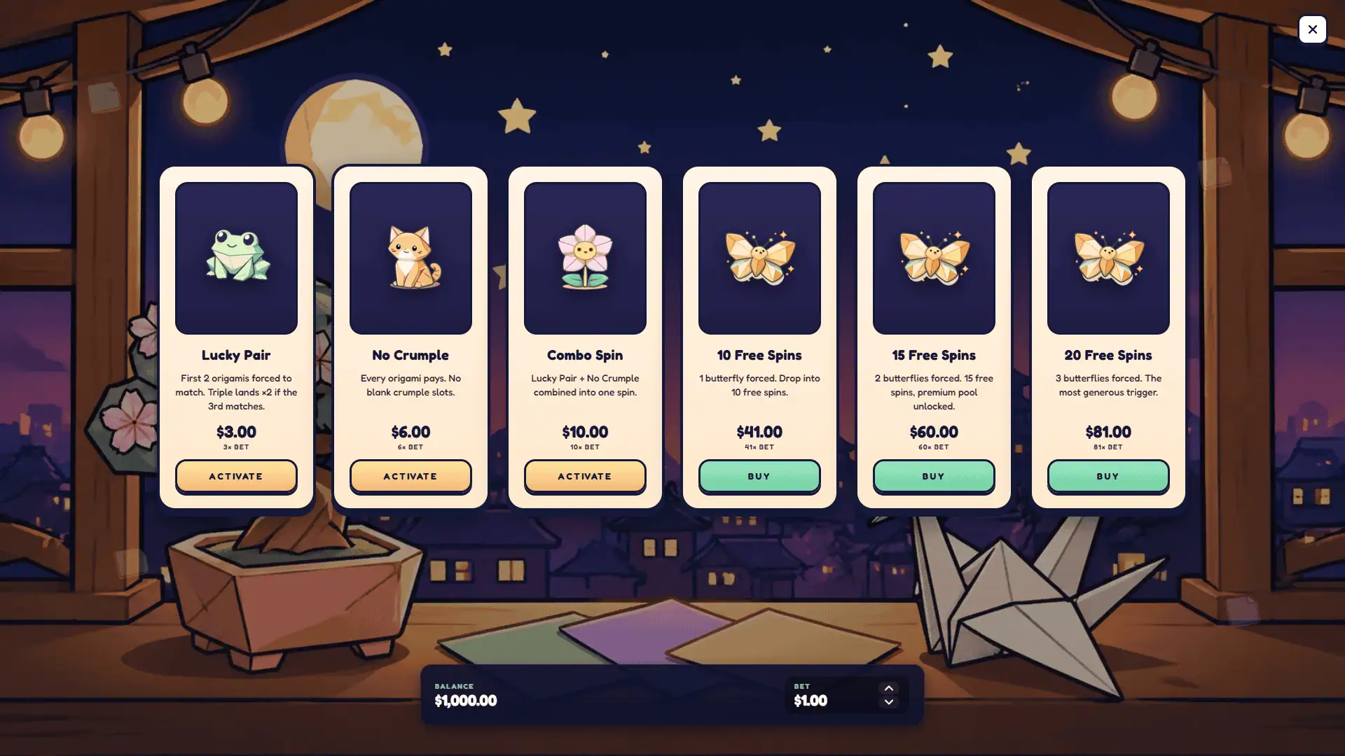 Origami Bloom bonus buy menu