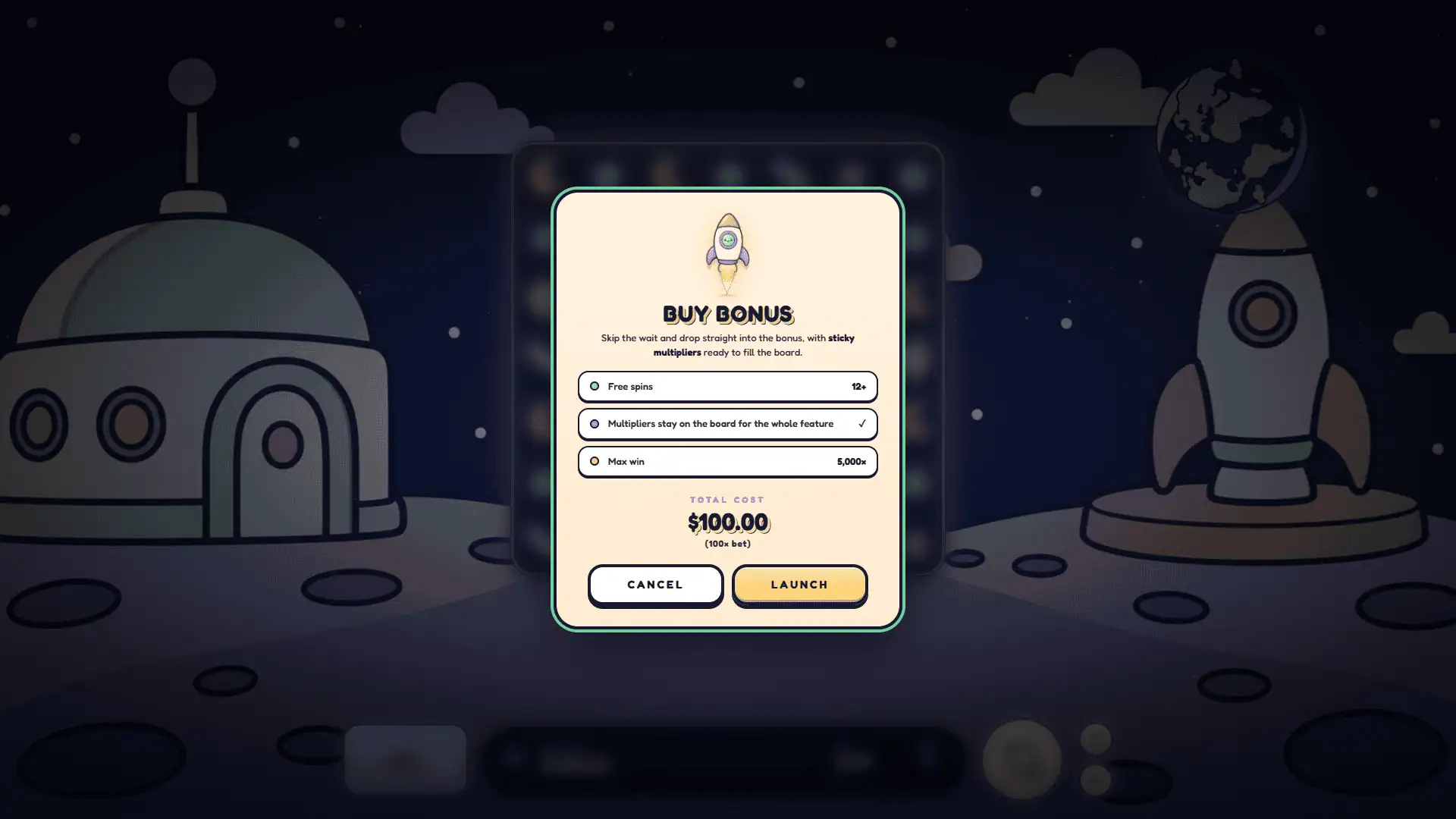 Stellar Cascade bonus buy menu