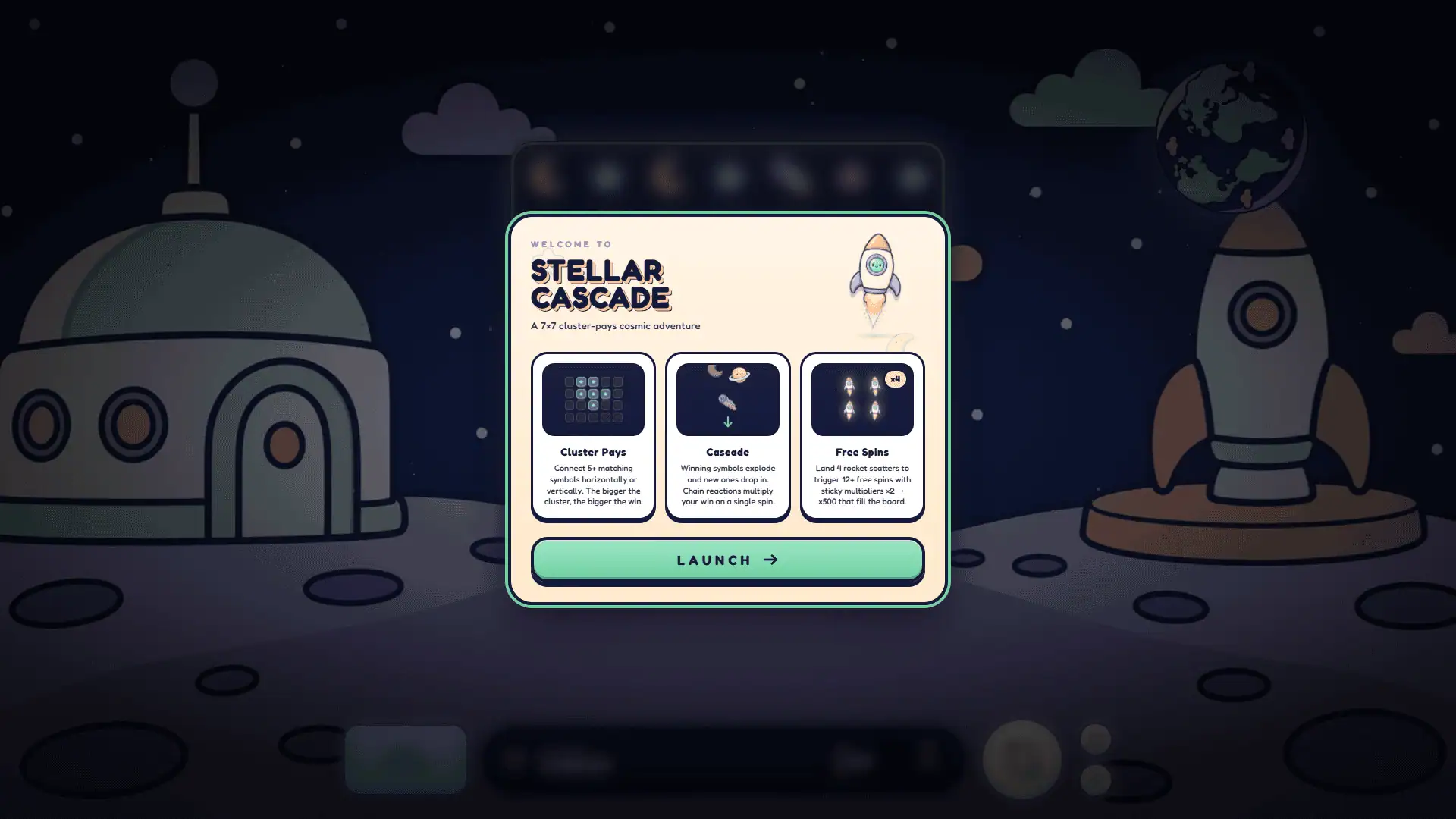 Stellar Cascade slot intro screen