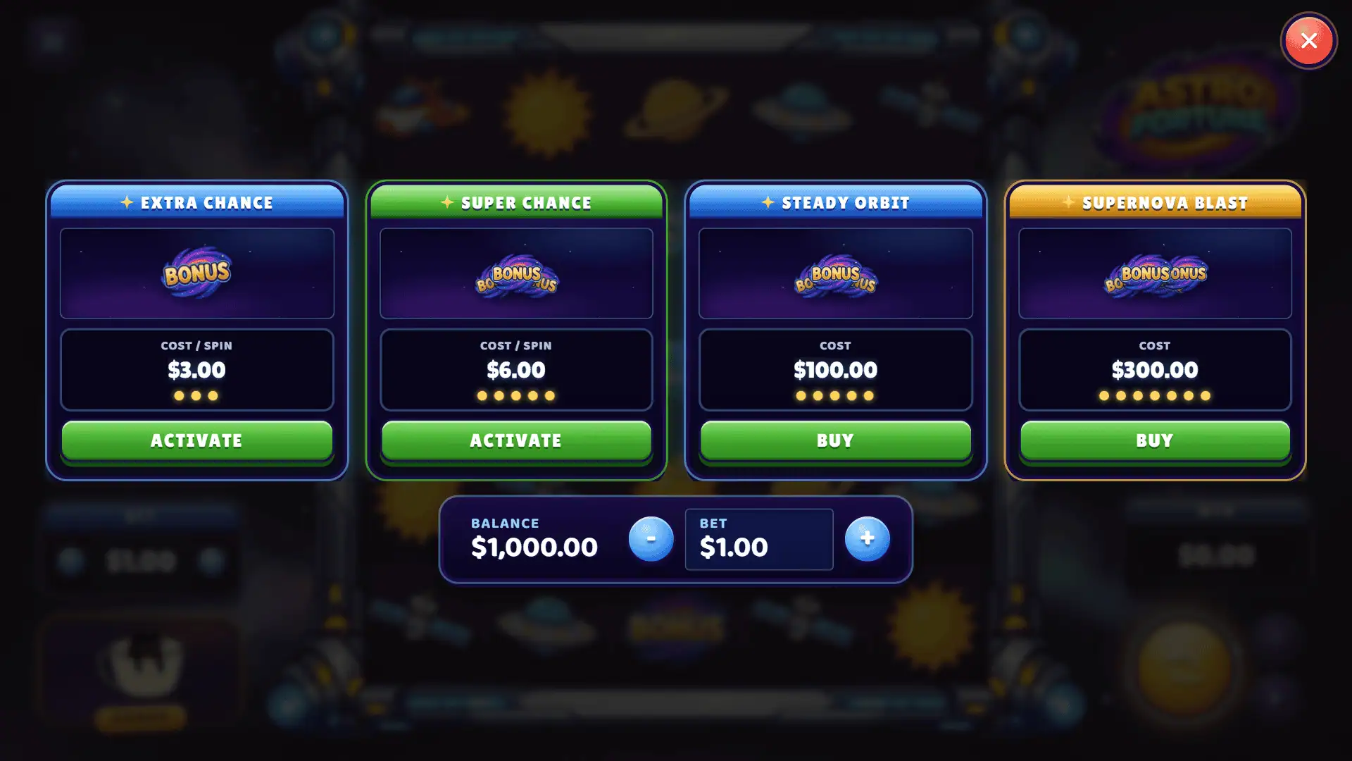 Astro Fortune bonus buy menu