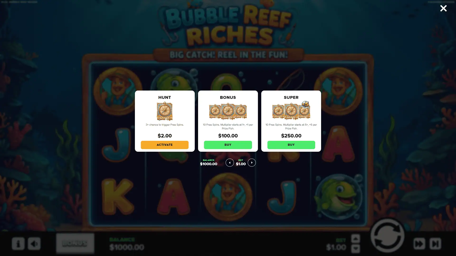 Bubble Reef Riches bonus buy menu