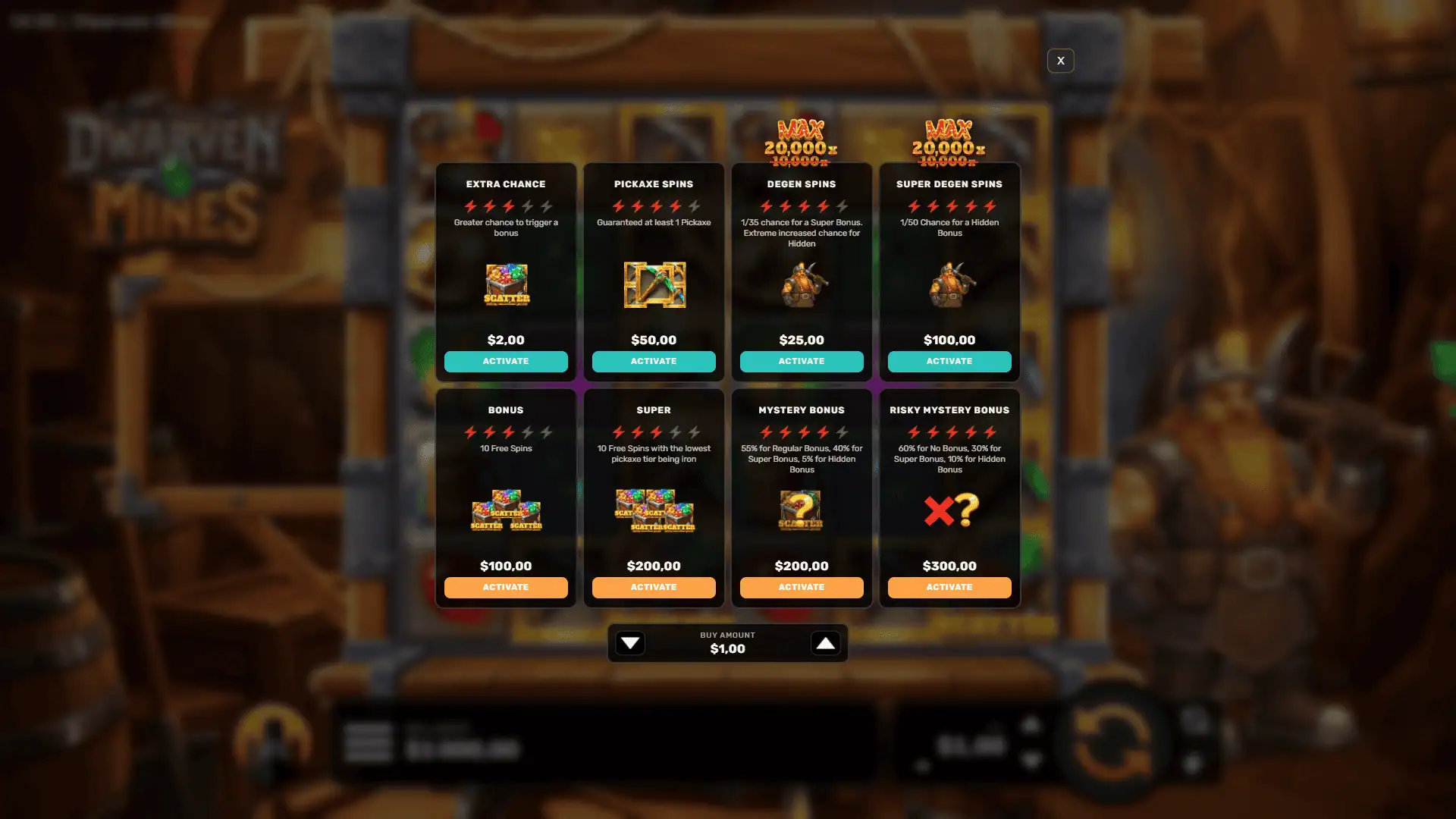 Dwarven Mines bonus buy menu