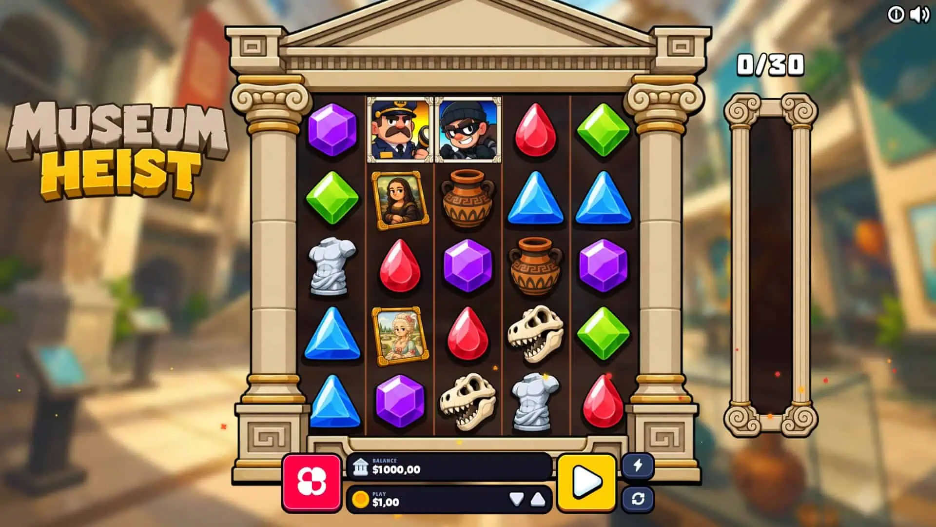 Museum Heist slot gameplay reels