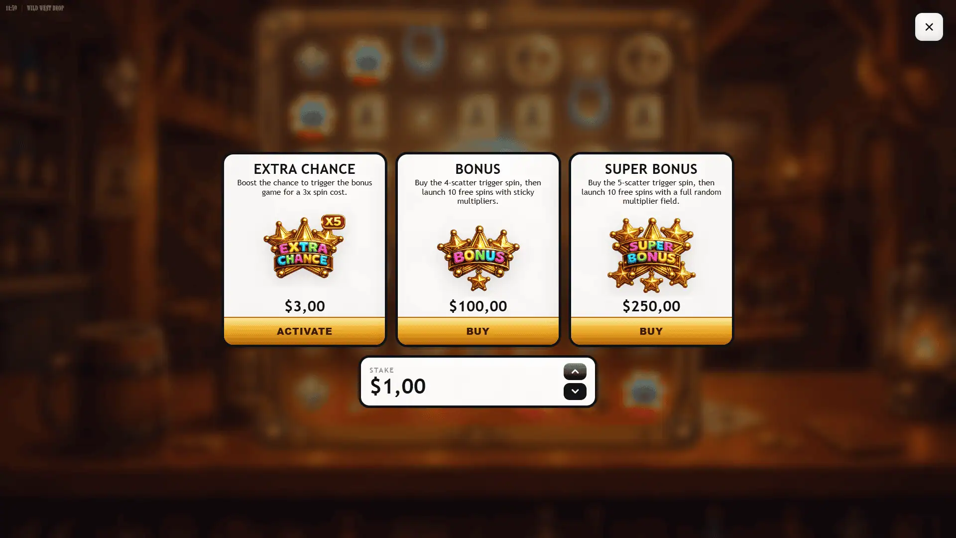 Wild West Drop bonus buy menu