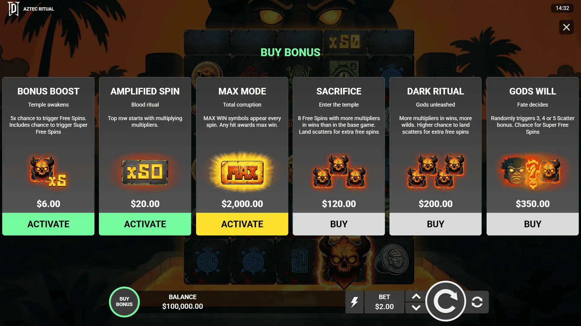 Aztec Ritual bonus buy menu