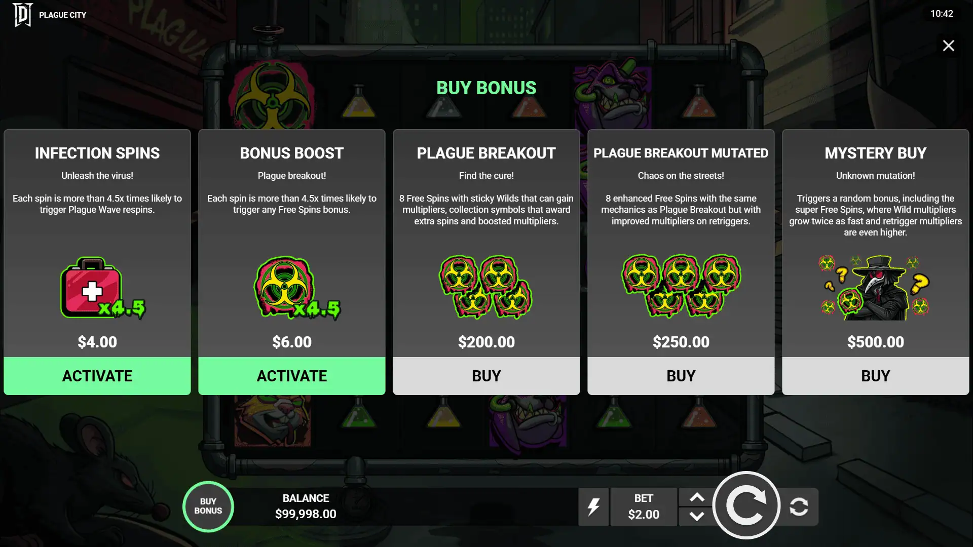Plague City bonus buy menu