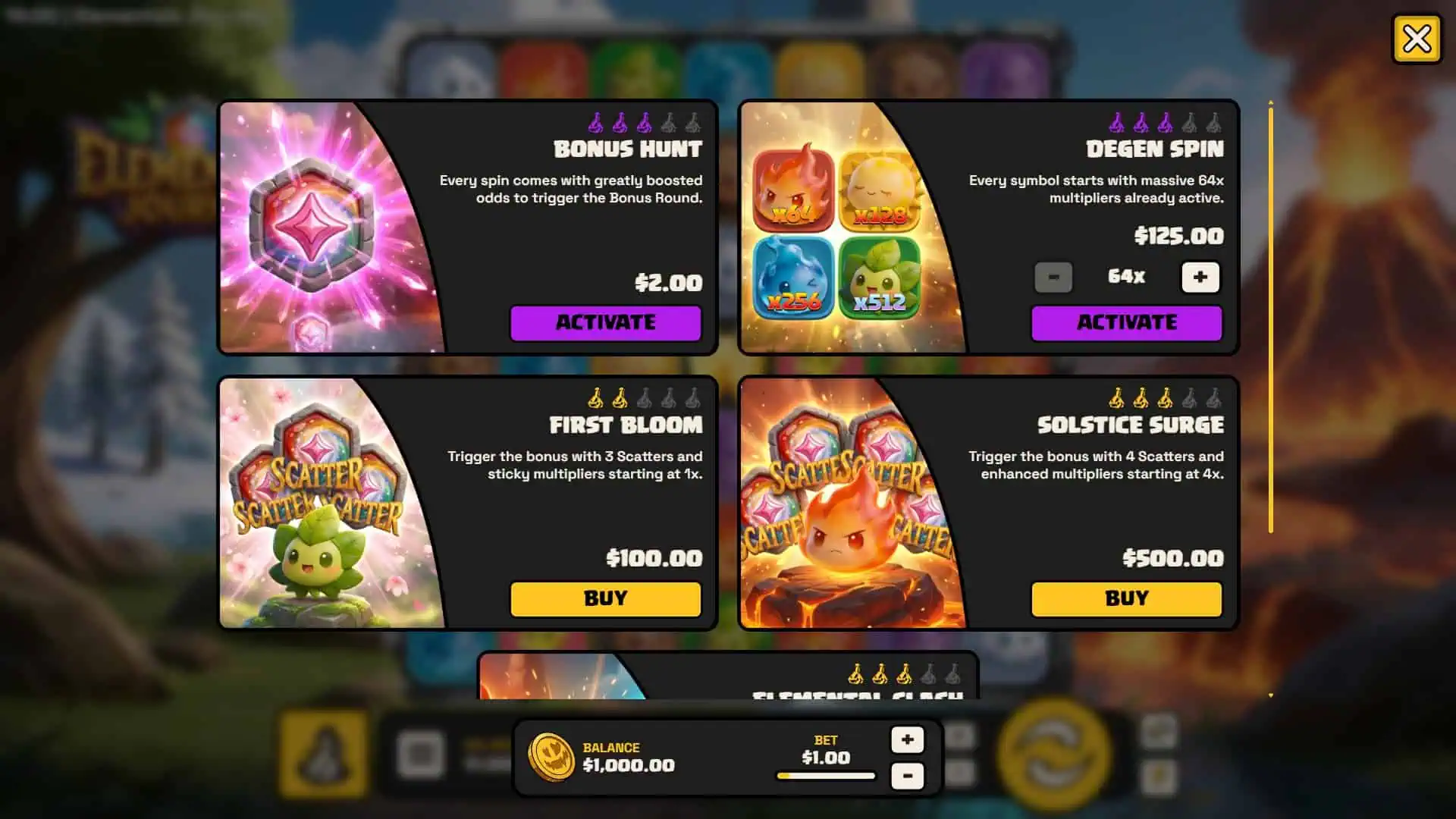 Elementals Journey bonus buy menu
