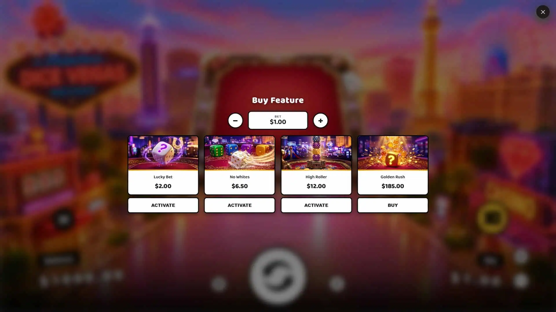Dice Cascade bonus buy menu