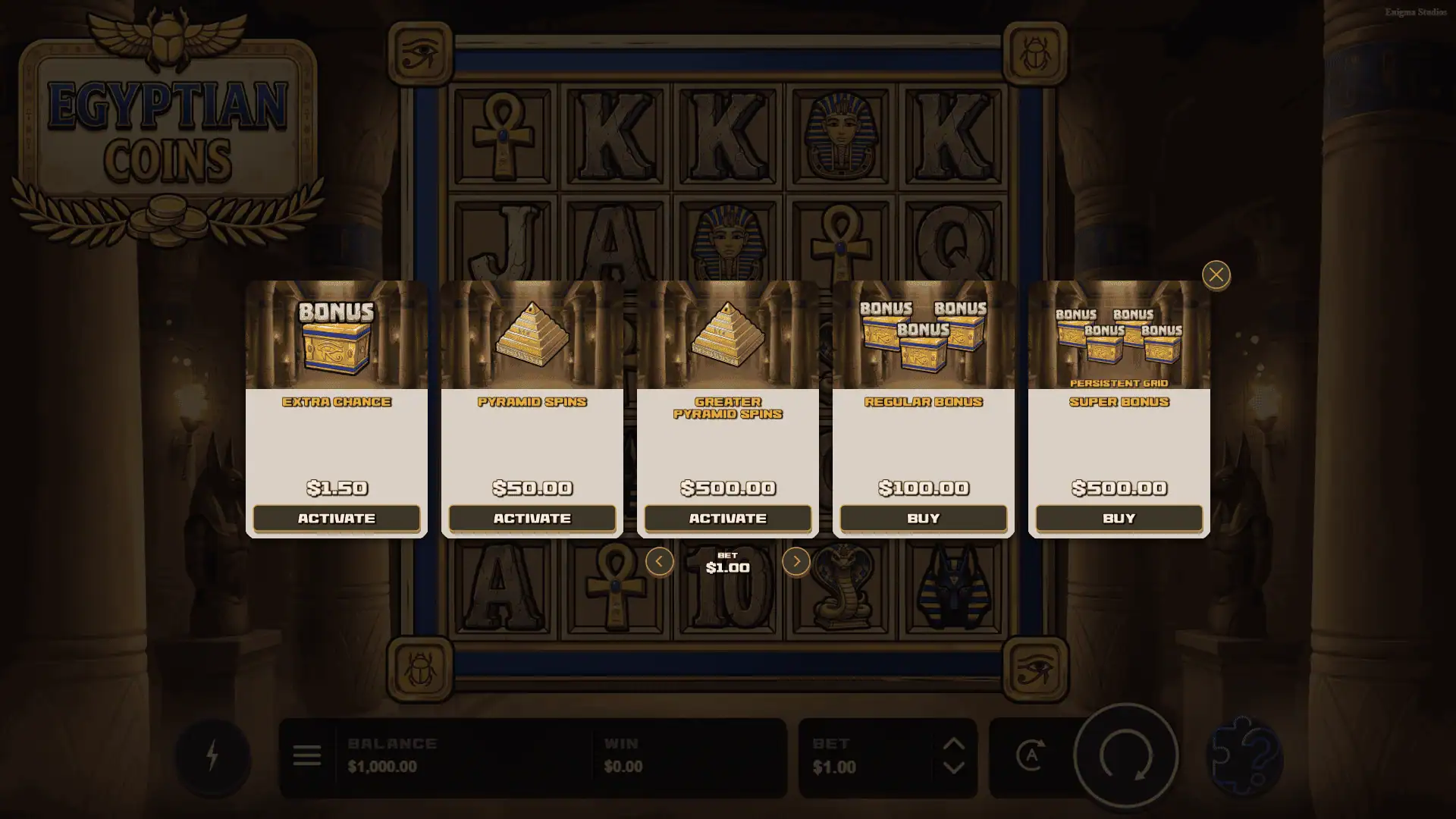 Egyptian Coins bonus buy menu