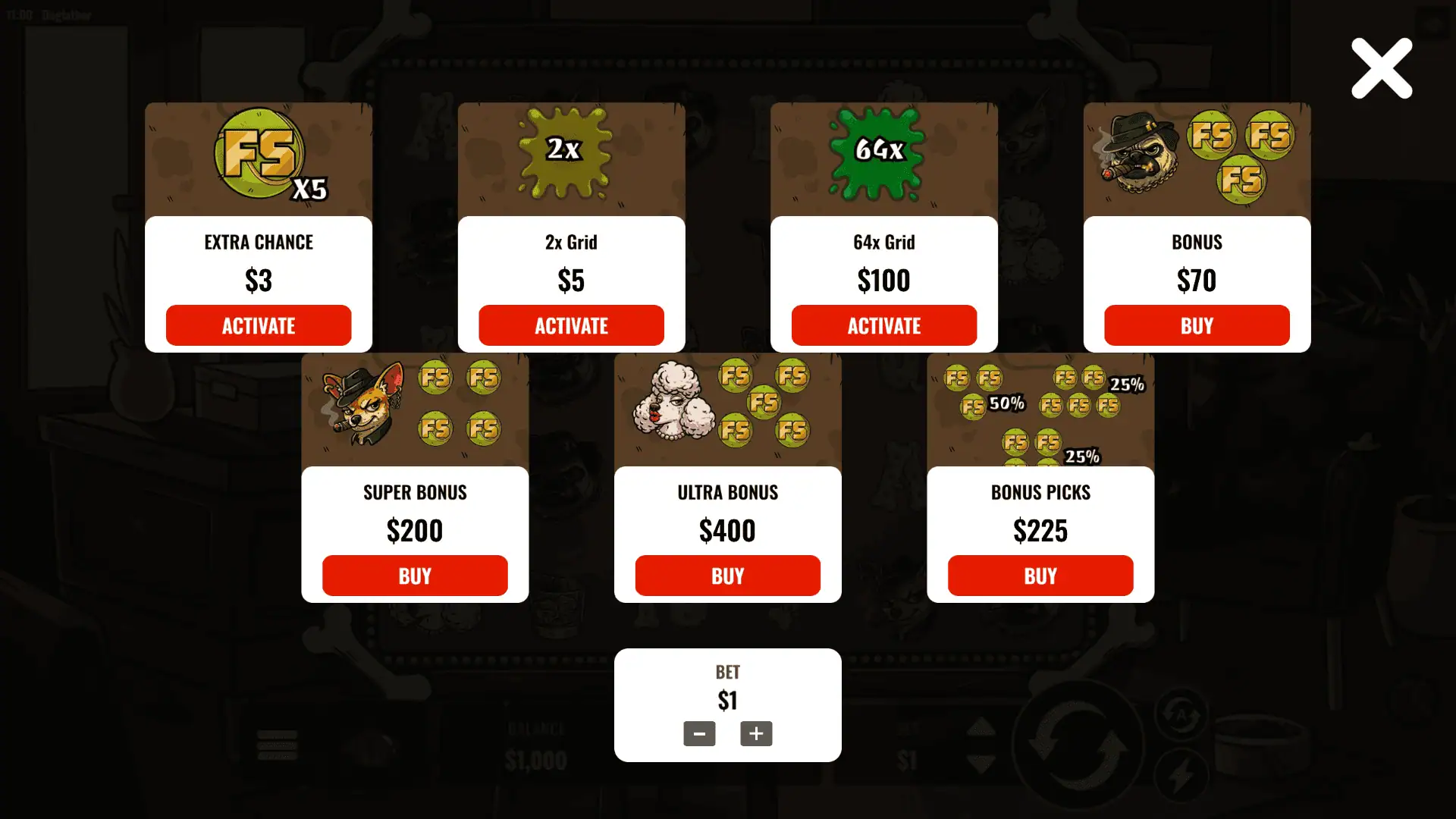 Dogfather bonus buy menu