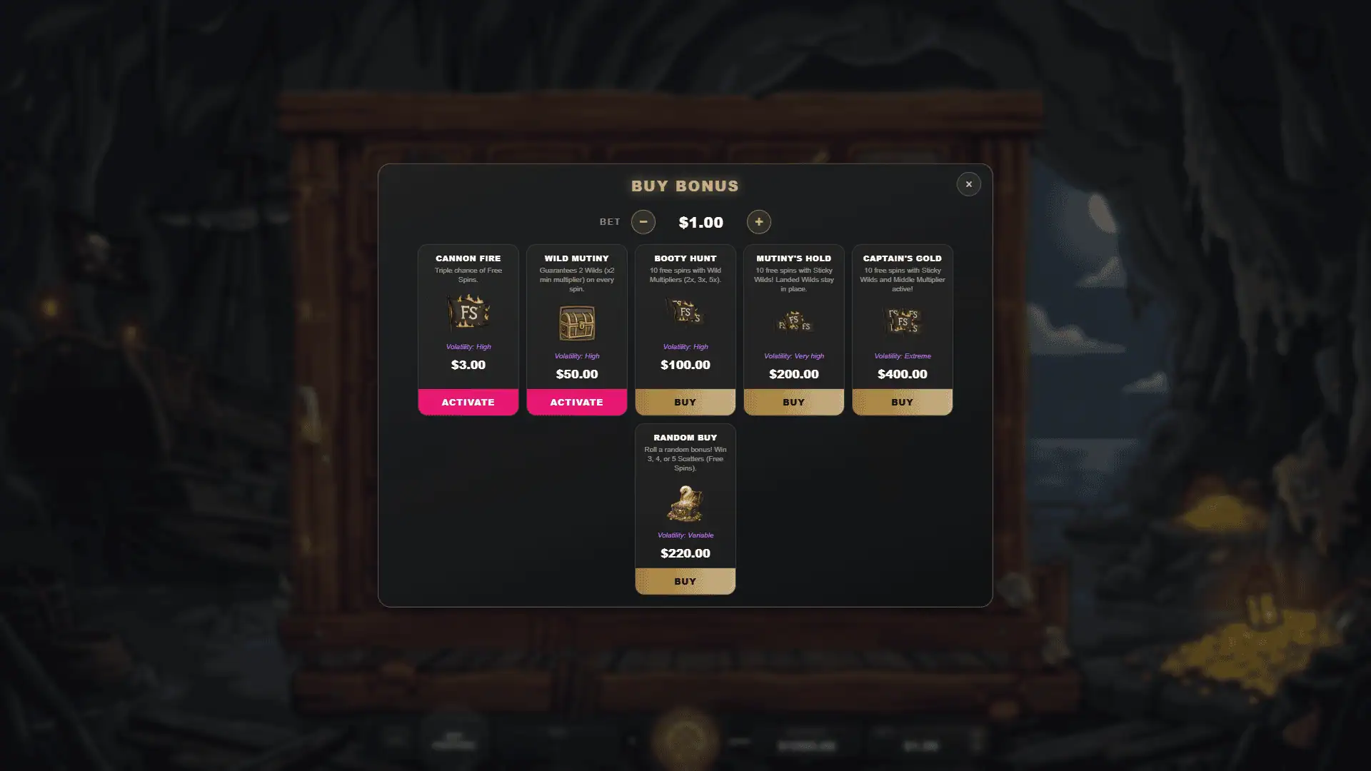 Buccaneers bonus buy menu