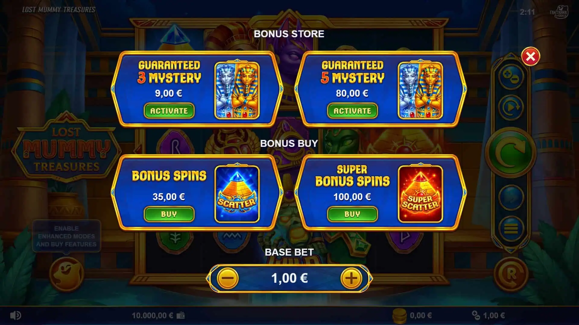 Lost Mummy Treasures bonus buy menu