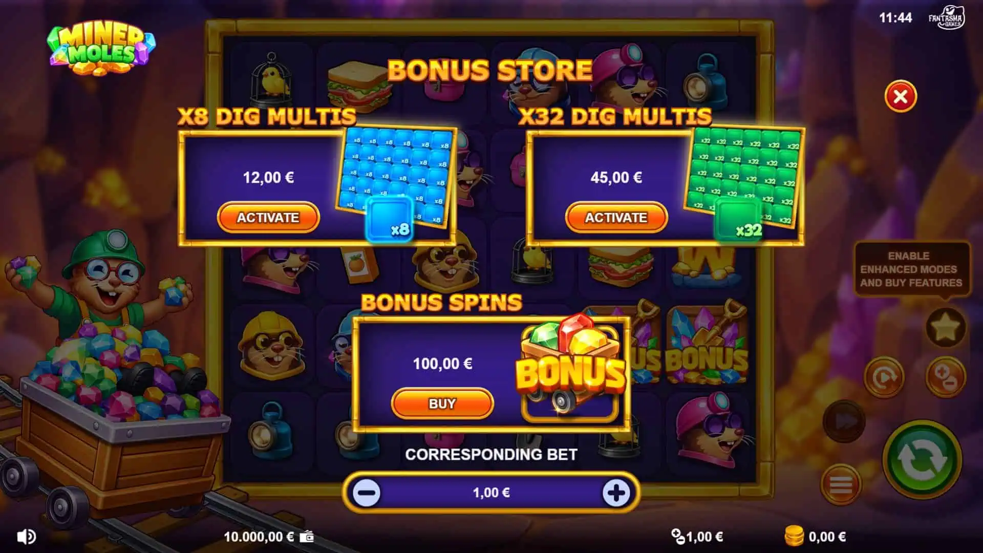 Miner Moles bonus buy menu