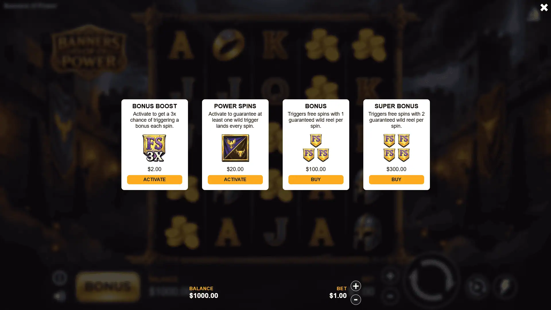 Banners of Power bonus buy menu