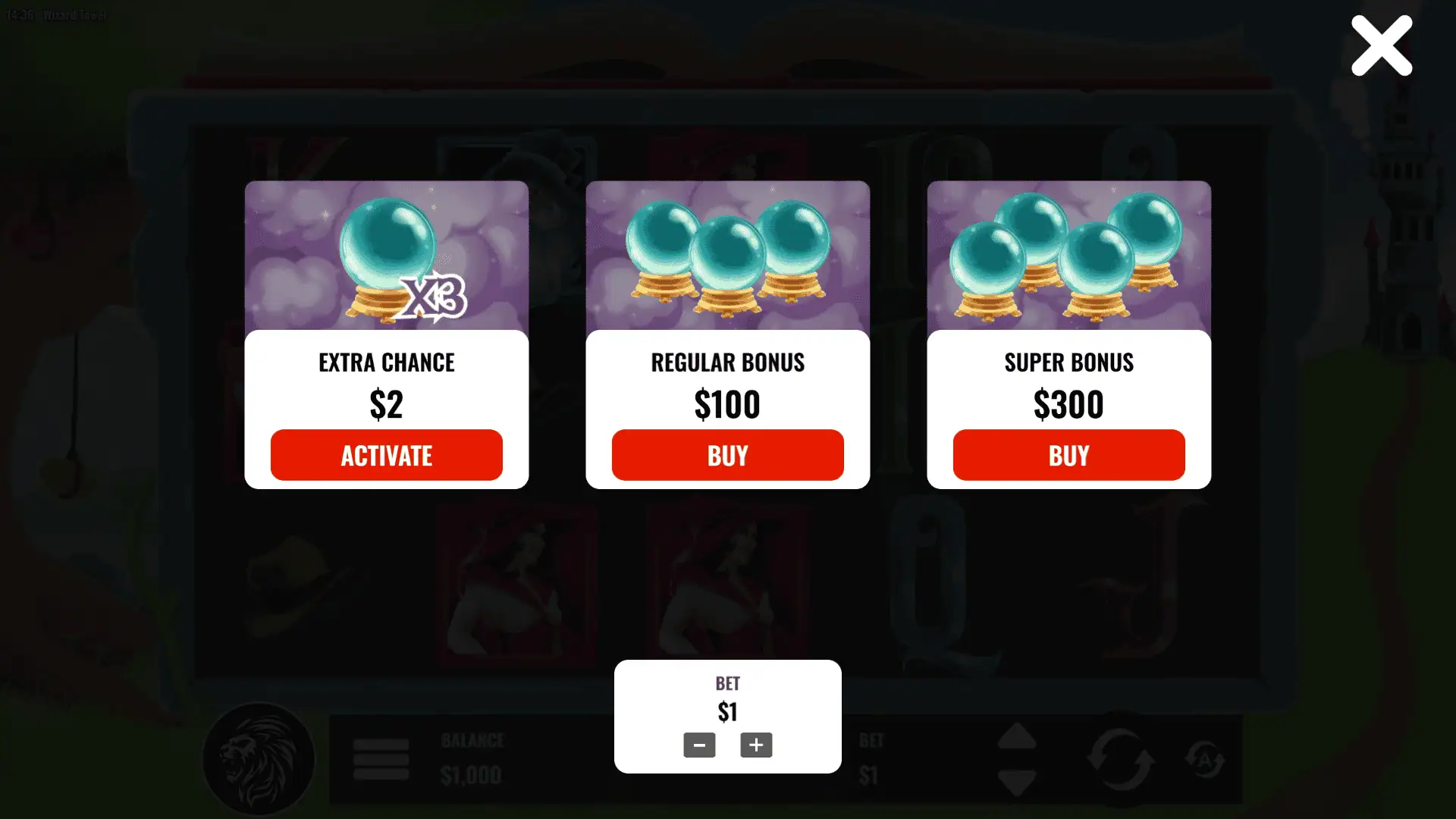 Wizard Tower bonus buy menu