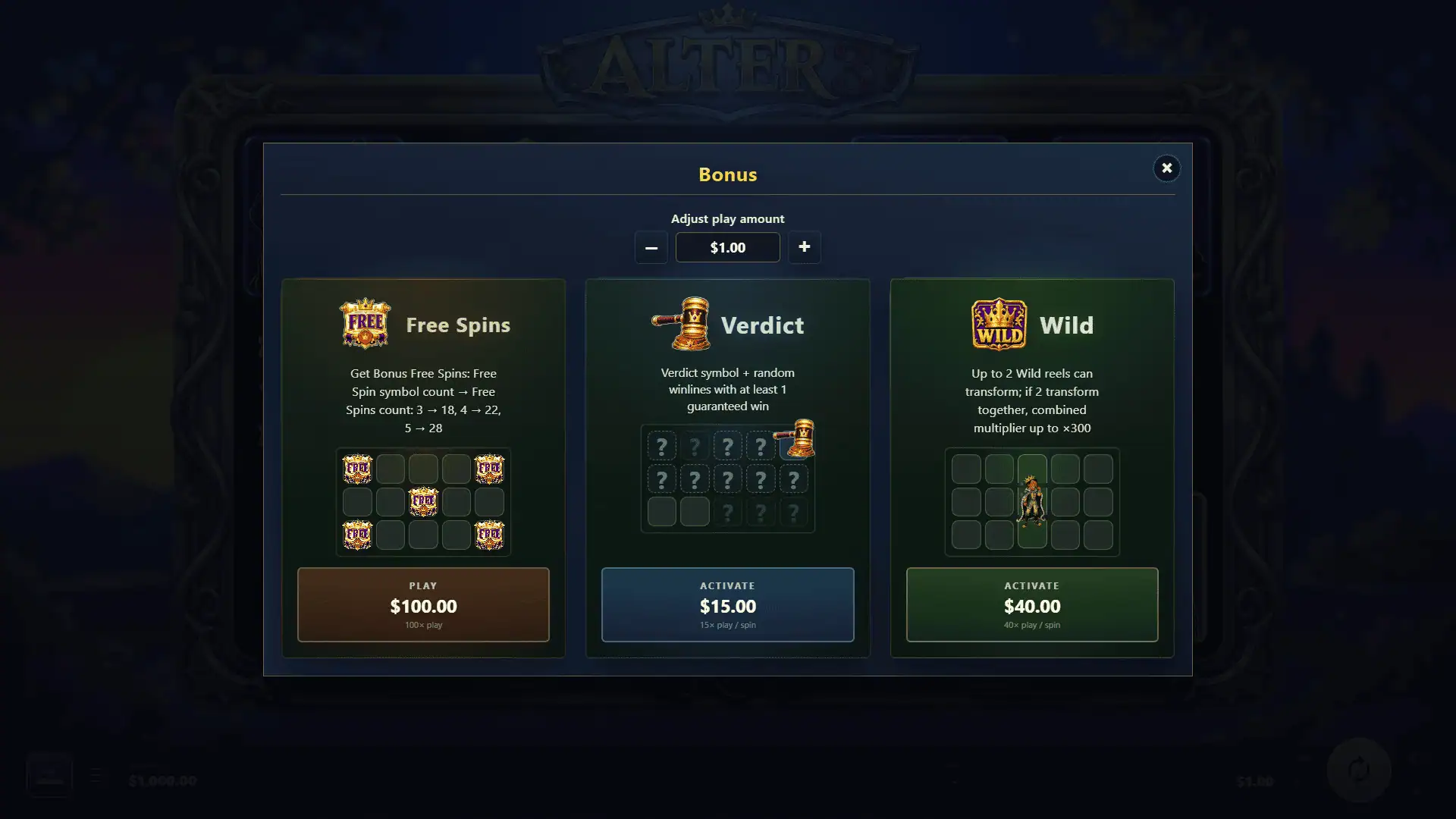 Alter 3 bonus buy menu