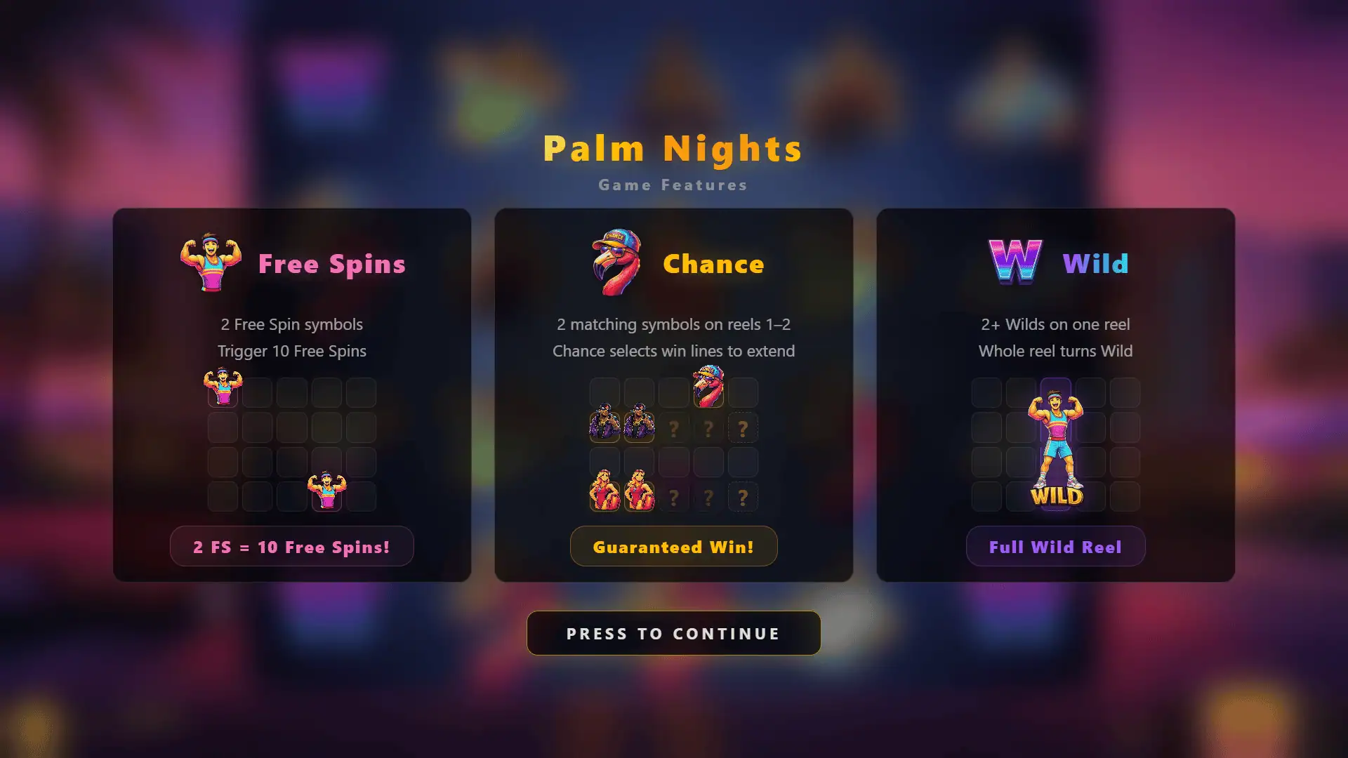 Palm Nights slot intro screen