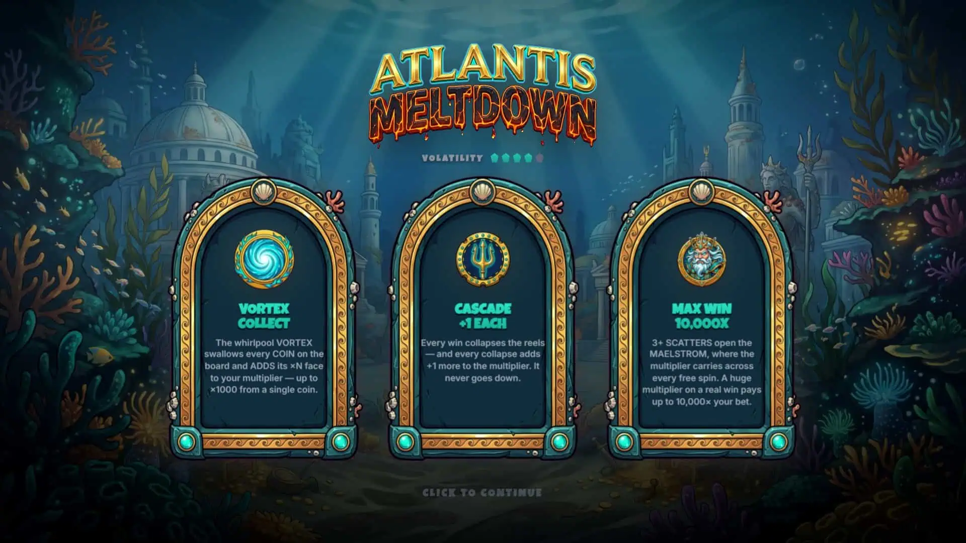 Atlantis Meltdown slot intro screen