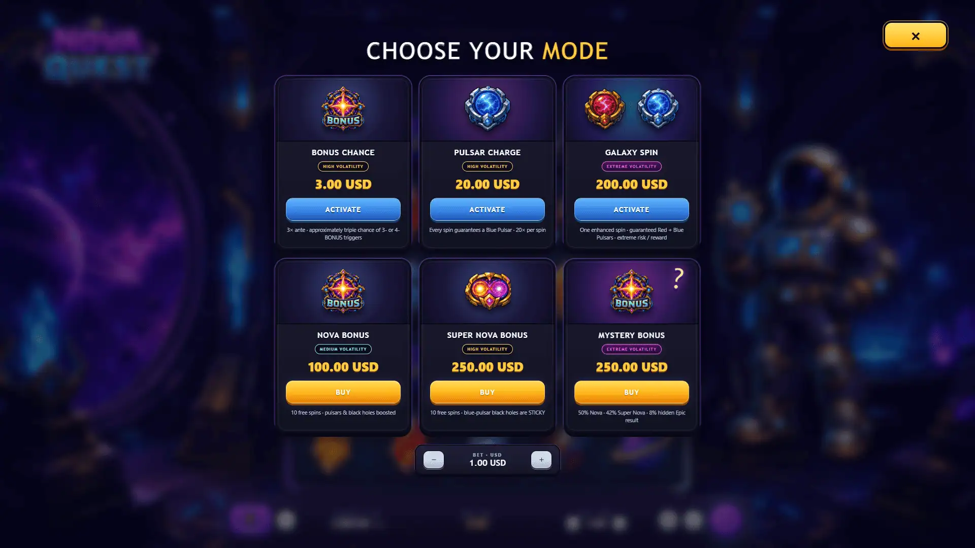 Nova Quest bonus buy menu