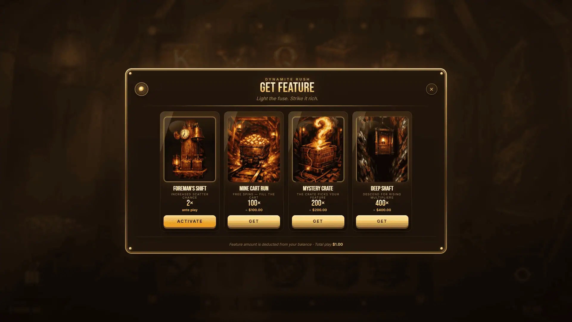 Dynamite Rush bonus buy menu