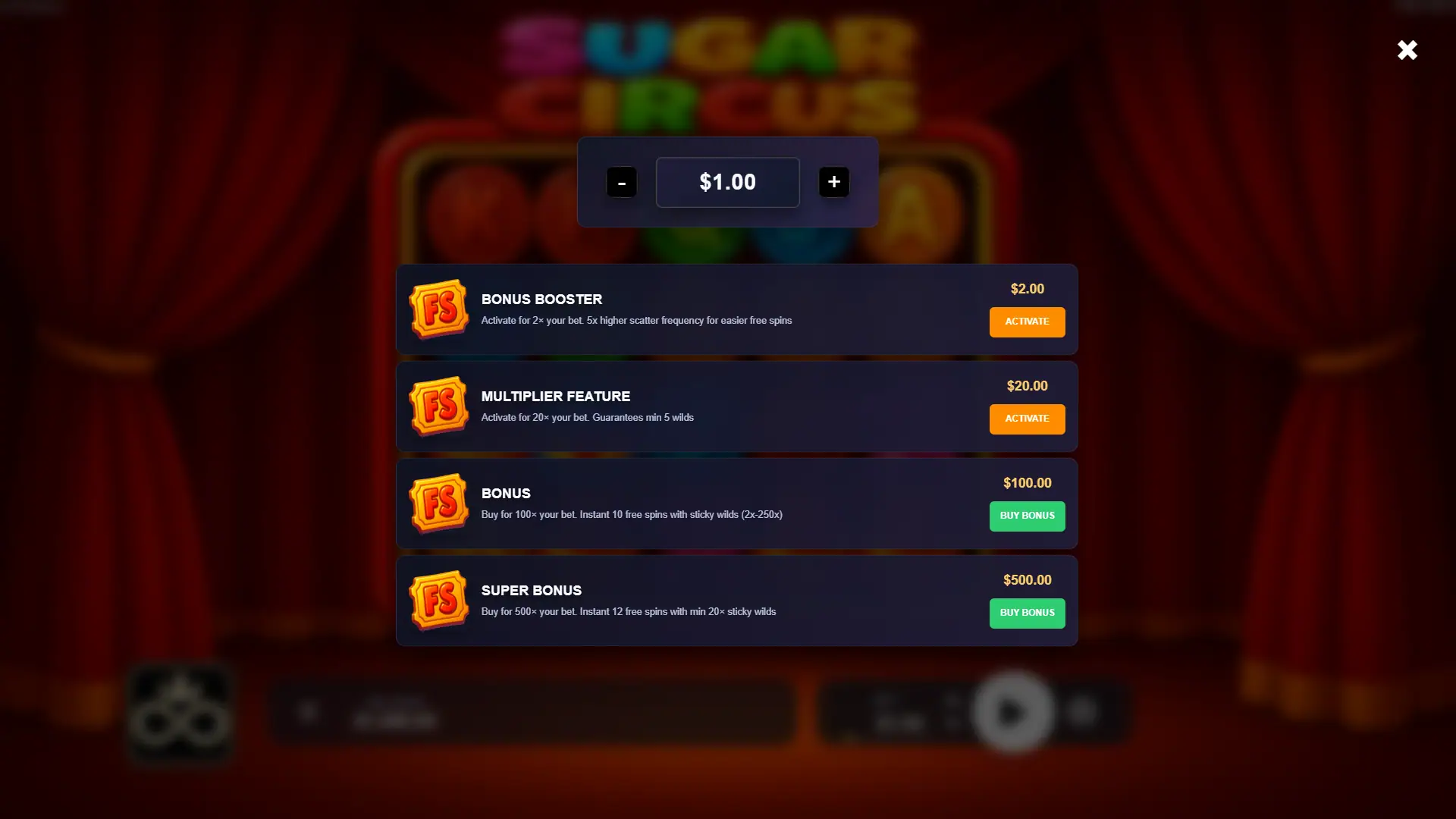 Sugar Circus bonus buy menu