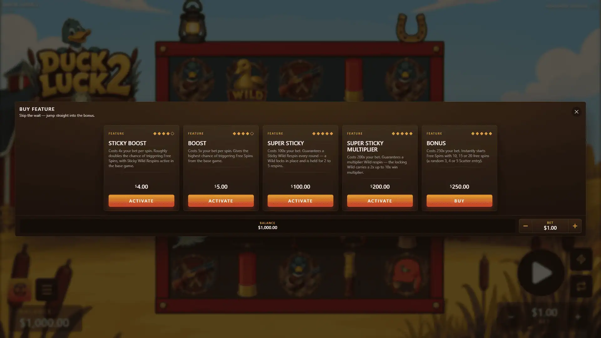 Duck Luck 2 bonus buy menu