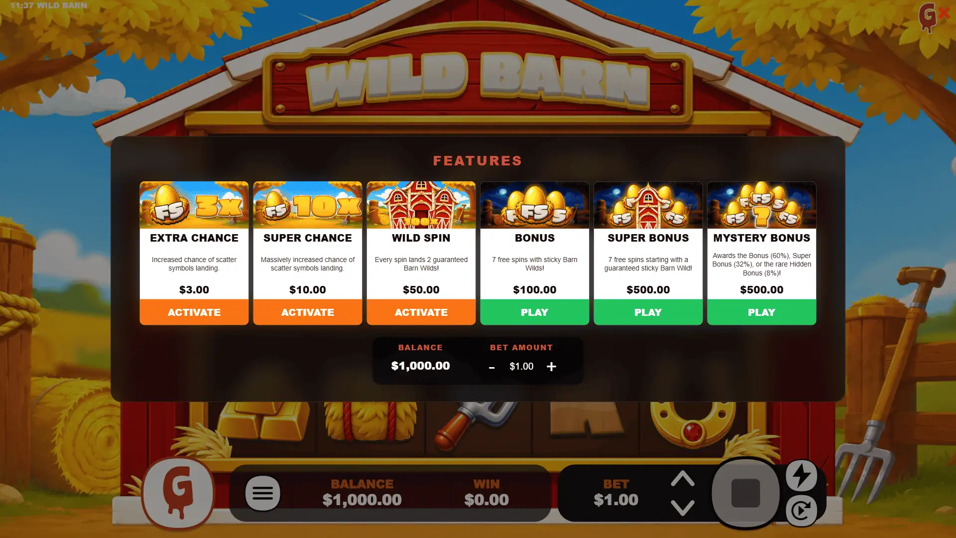 Wild Barn bonus buy menu