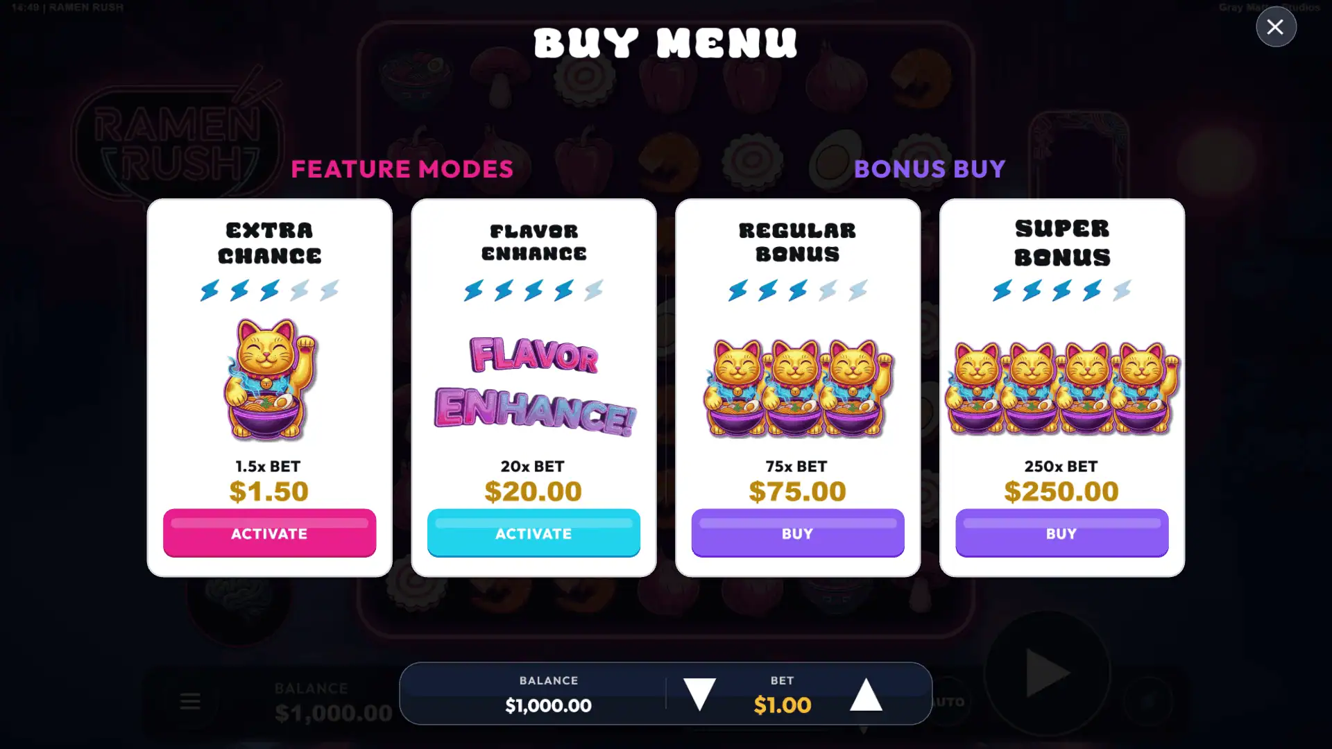 Ramen Rush bonus buy menu