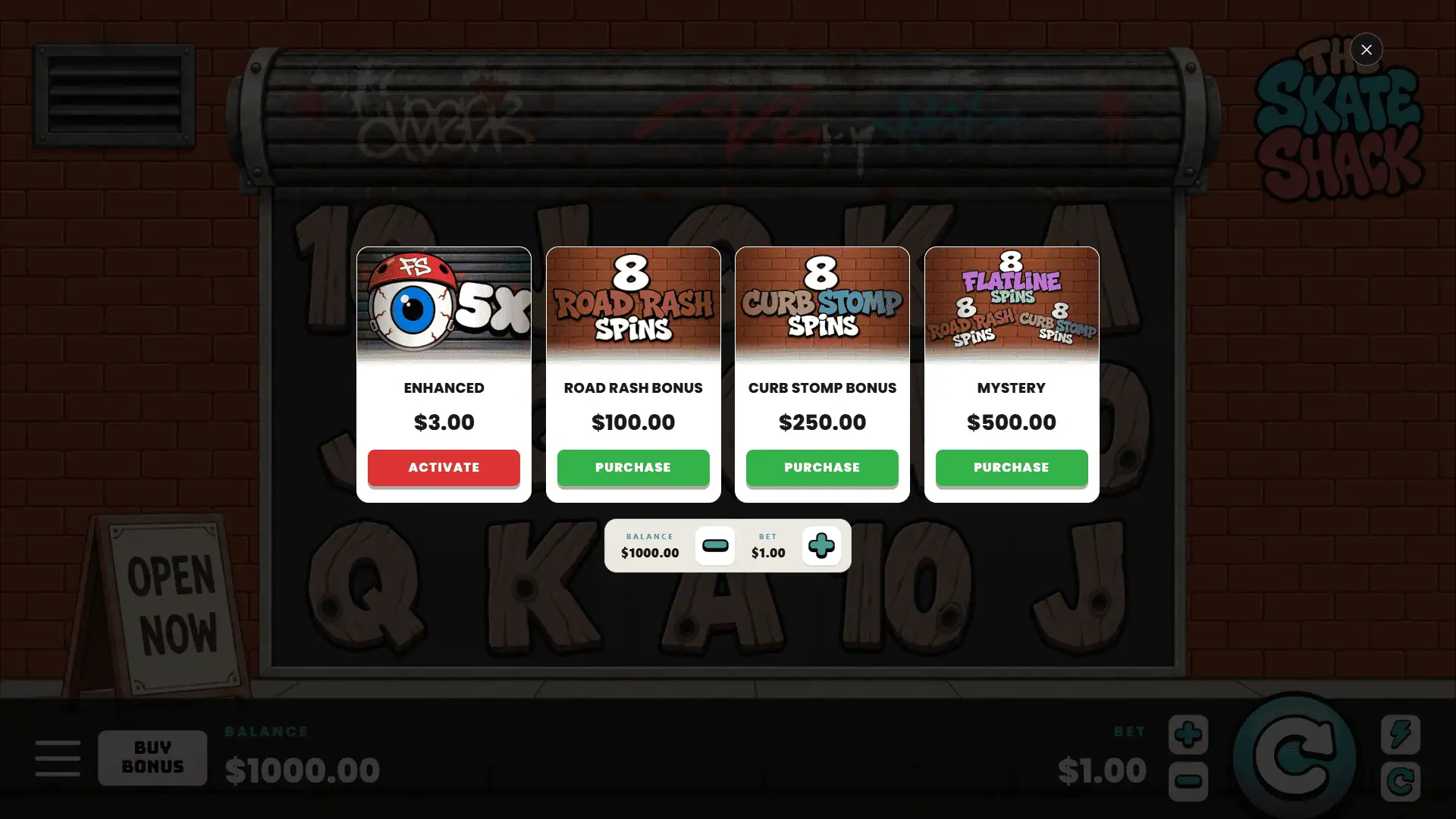 The Skate Shack bonus buy menu