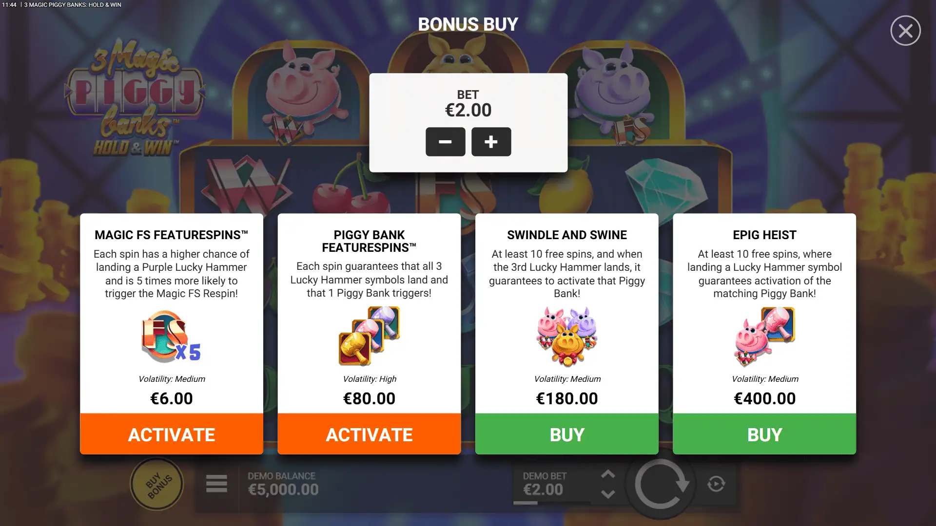 3 Magic Piggy Banks Hold & Win bonus buy menu