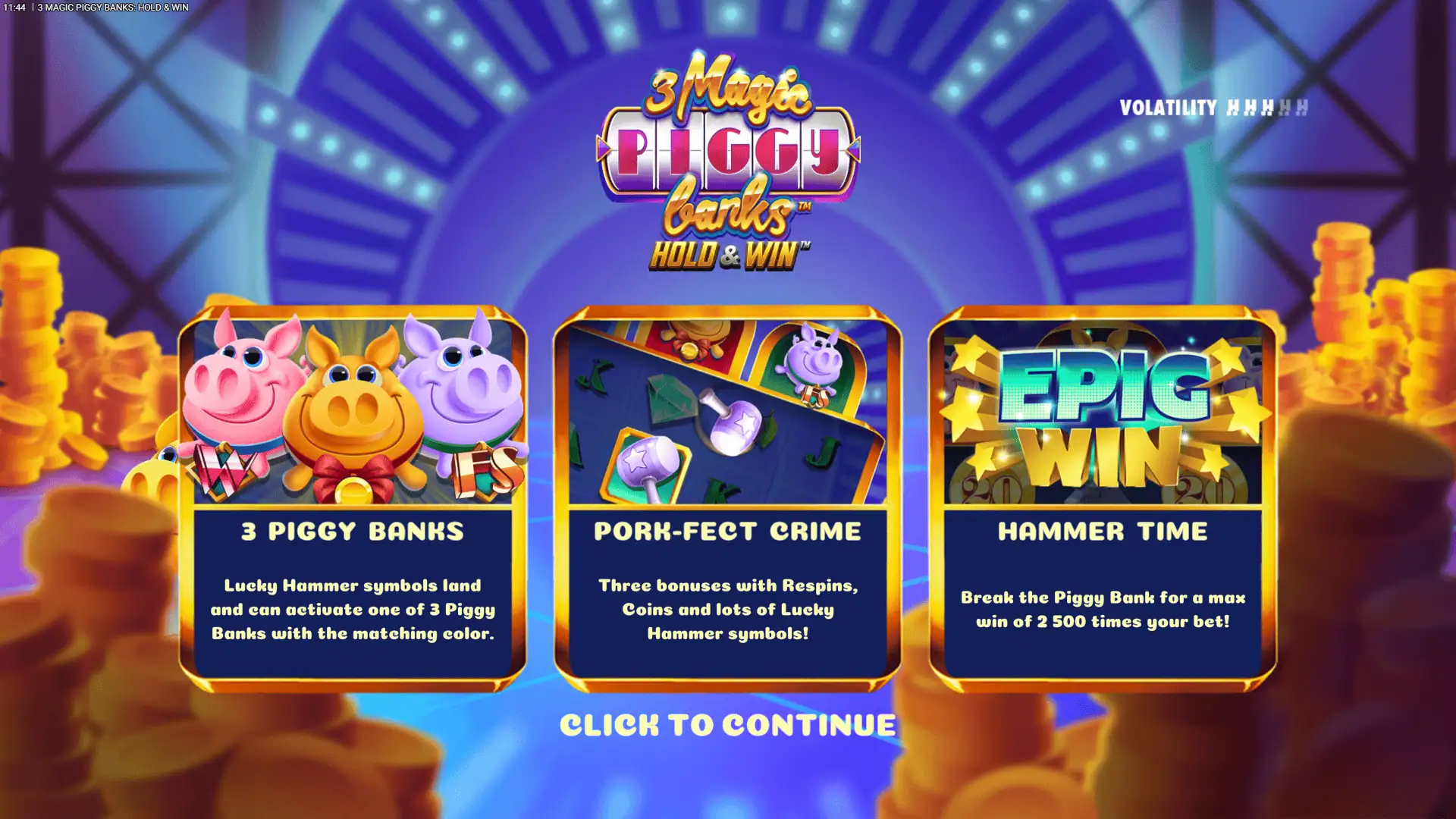 3 Magic Piggy Banks Hold & Win slot intro screen