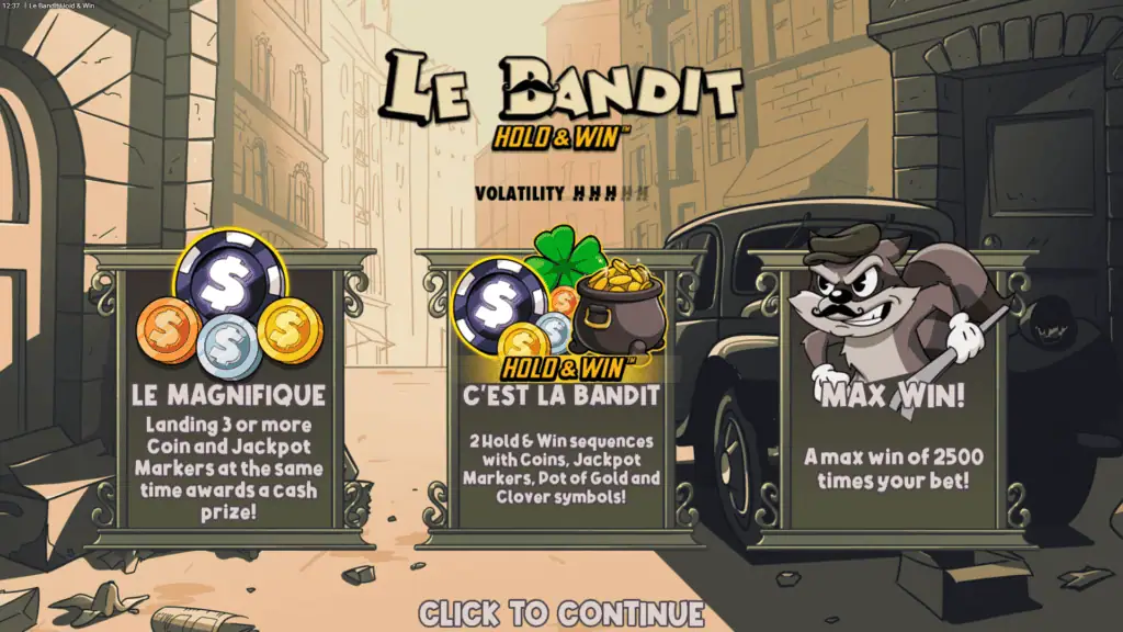 Hacksaw gaming le bandit hold and win intro screen