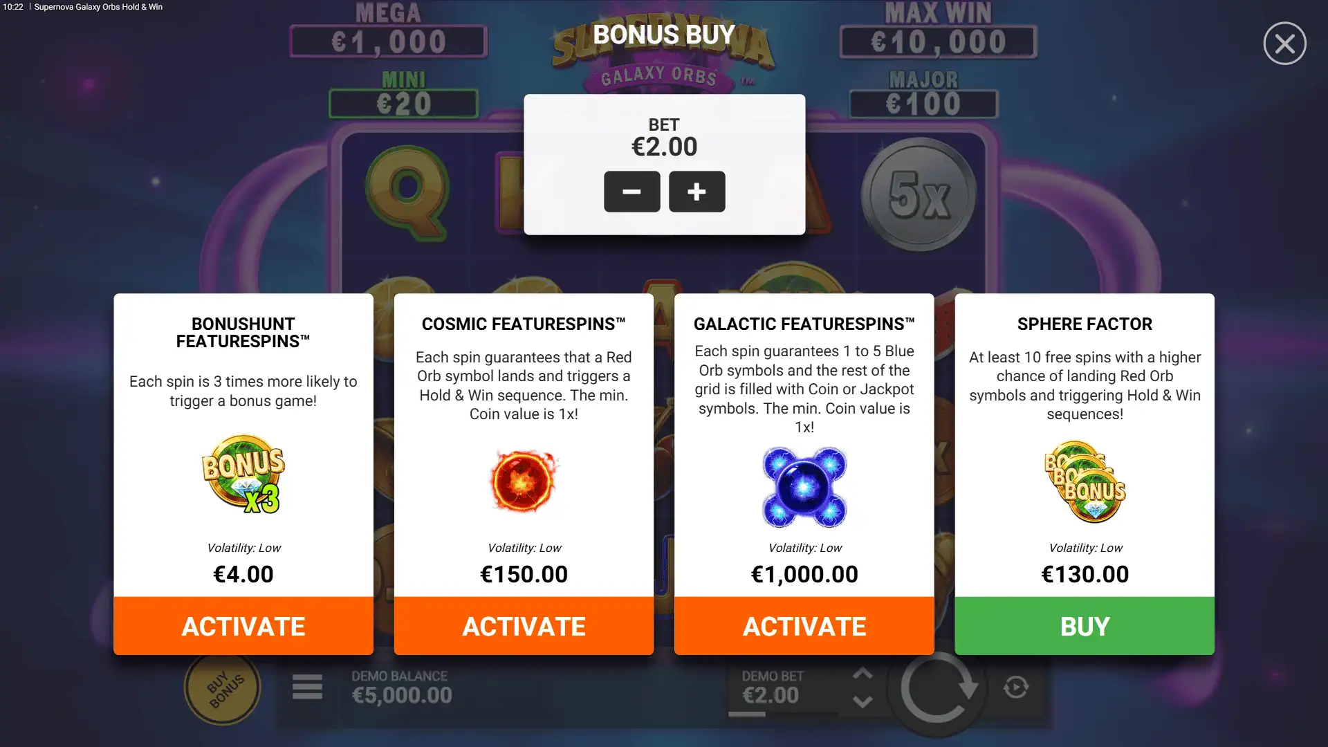 Supernova Galaxy Orbs bonus buy menu